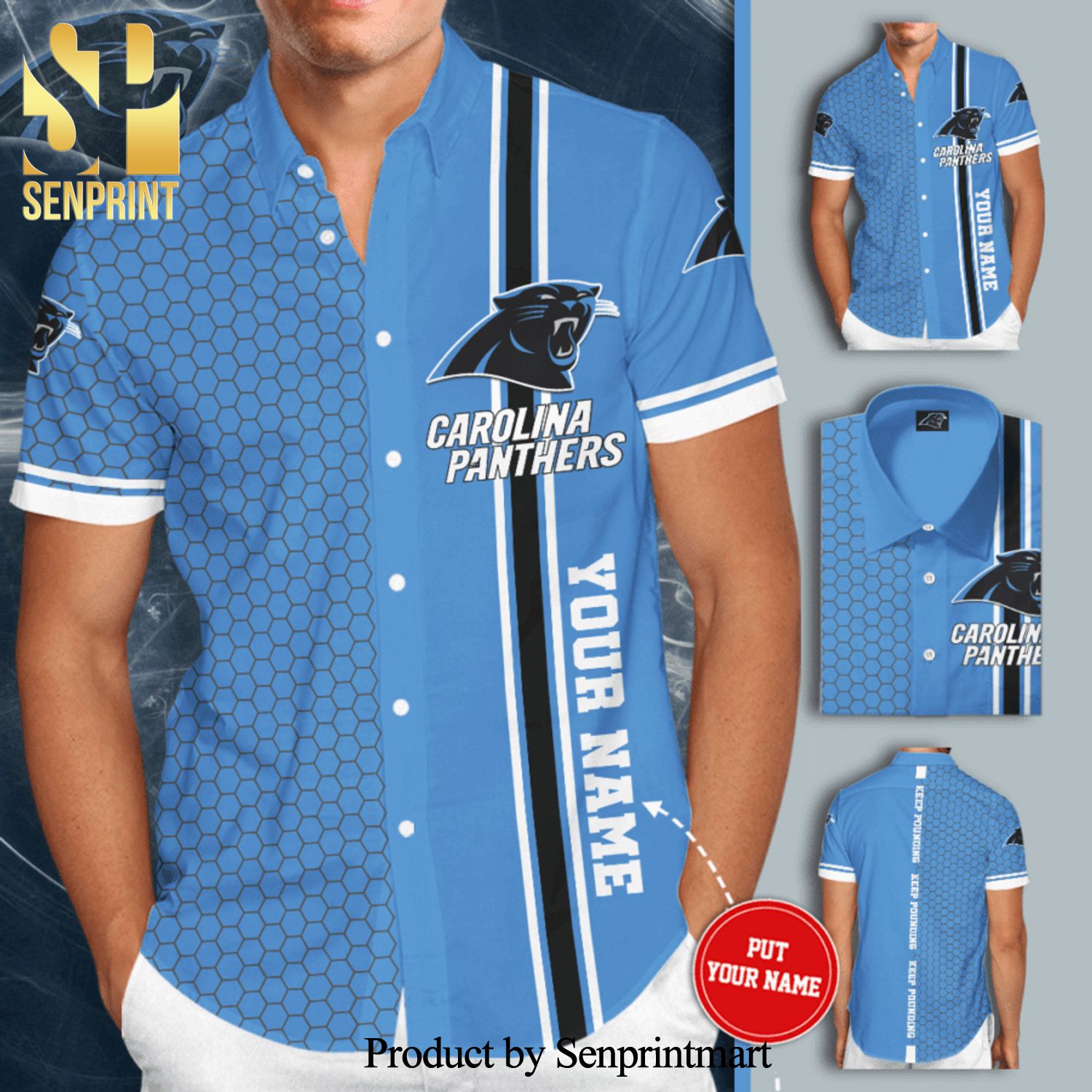 Personalized Carolina Panthers Full Printing Tiling Short Sleeve Dress Shirt Hawaiian Summer Aloha Beach Shirt – Light Blue