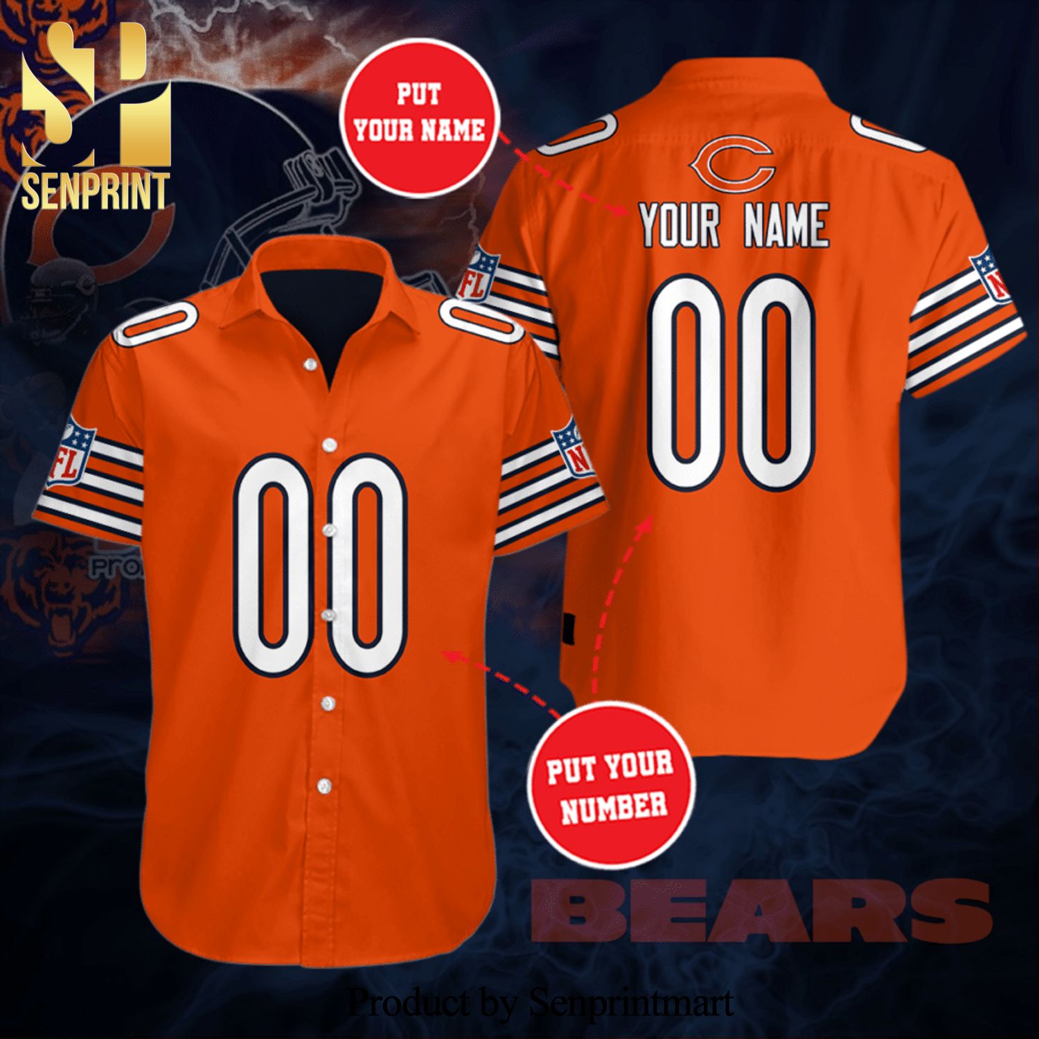Personalized Chicago Bears Full Printing Short Sleeve Dress Shirt Hawaiian Summer Aloha Beach Shirt – Orange