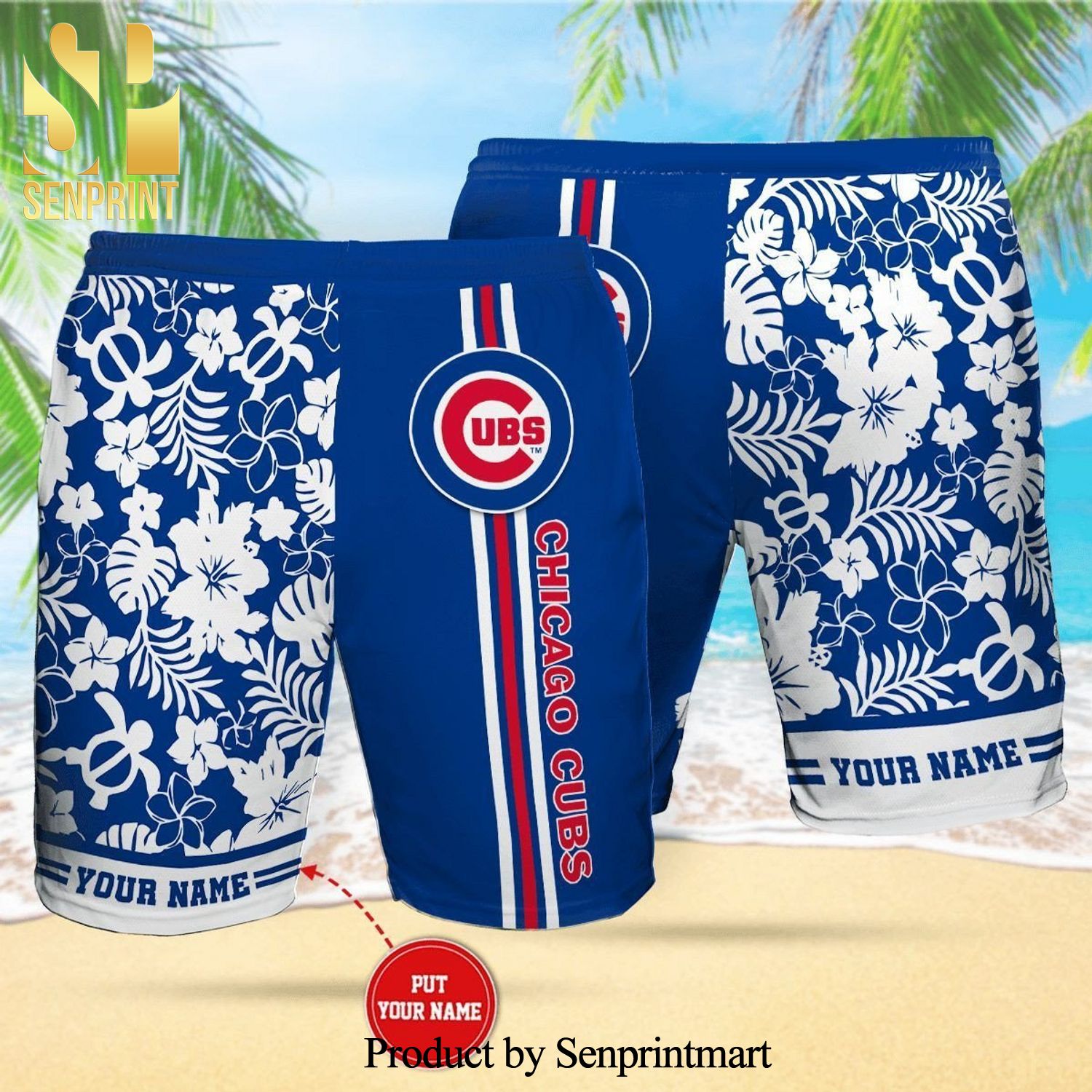 Personalized Chicago Cubs Full Printing Flowery Aloha Summer Hawaiian Beach Shorts – Cobalt