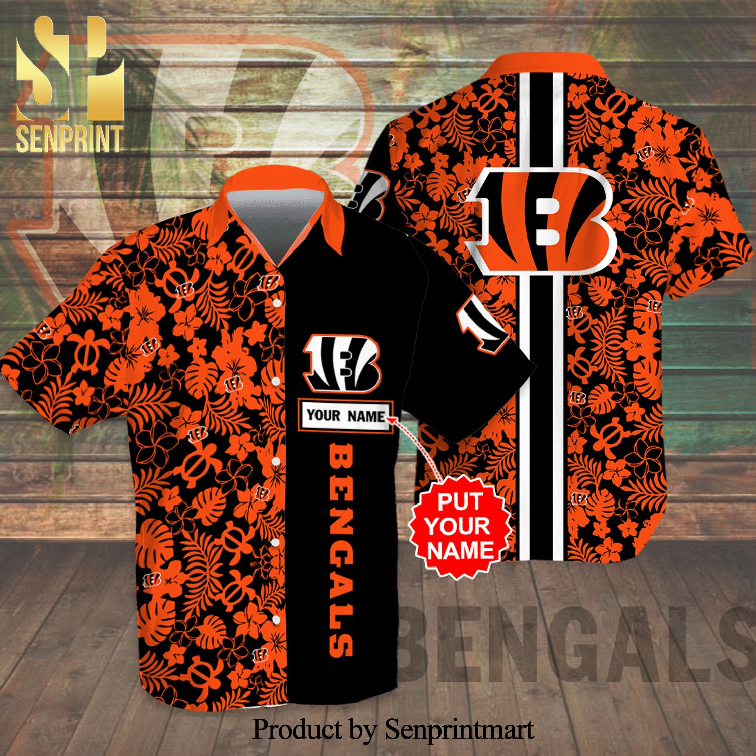 Personalized Cincinnati Bengals Full Printing Flowery Aloha Summer Beach Hawaiian Shirt And Beach Shorts – Black Orange