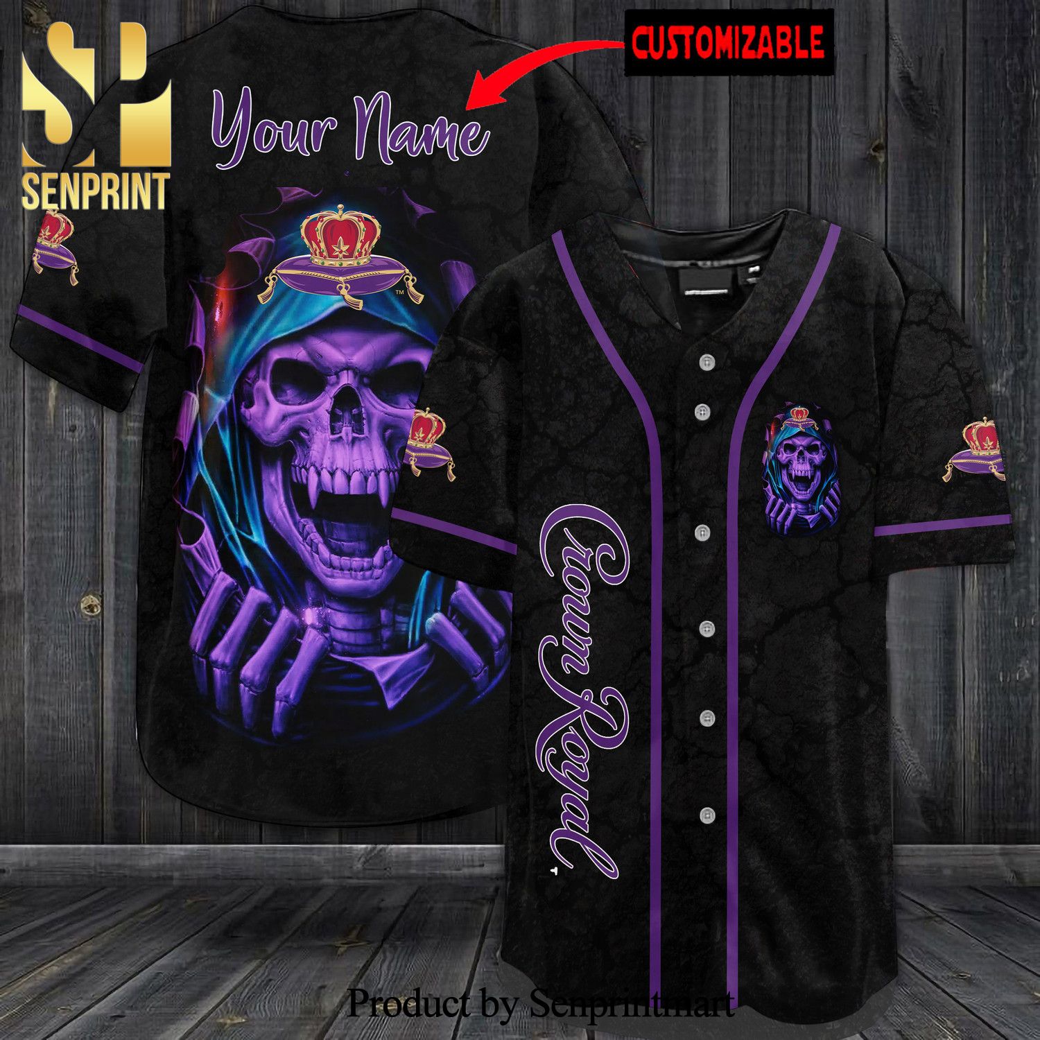 Personalized Crown Royal Skull All Over Print Unisex Baseball Jersey – Black