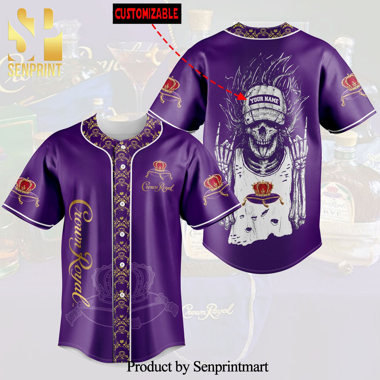 Personalized Crown Royal Swag Skeleton Full Printing Unisex Baseball Jersey – Purple