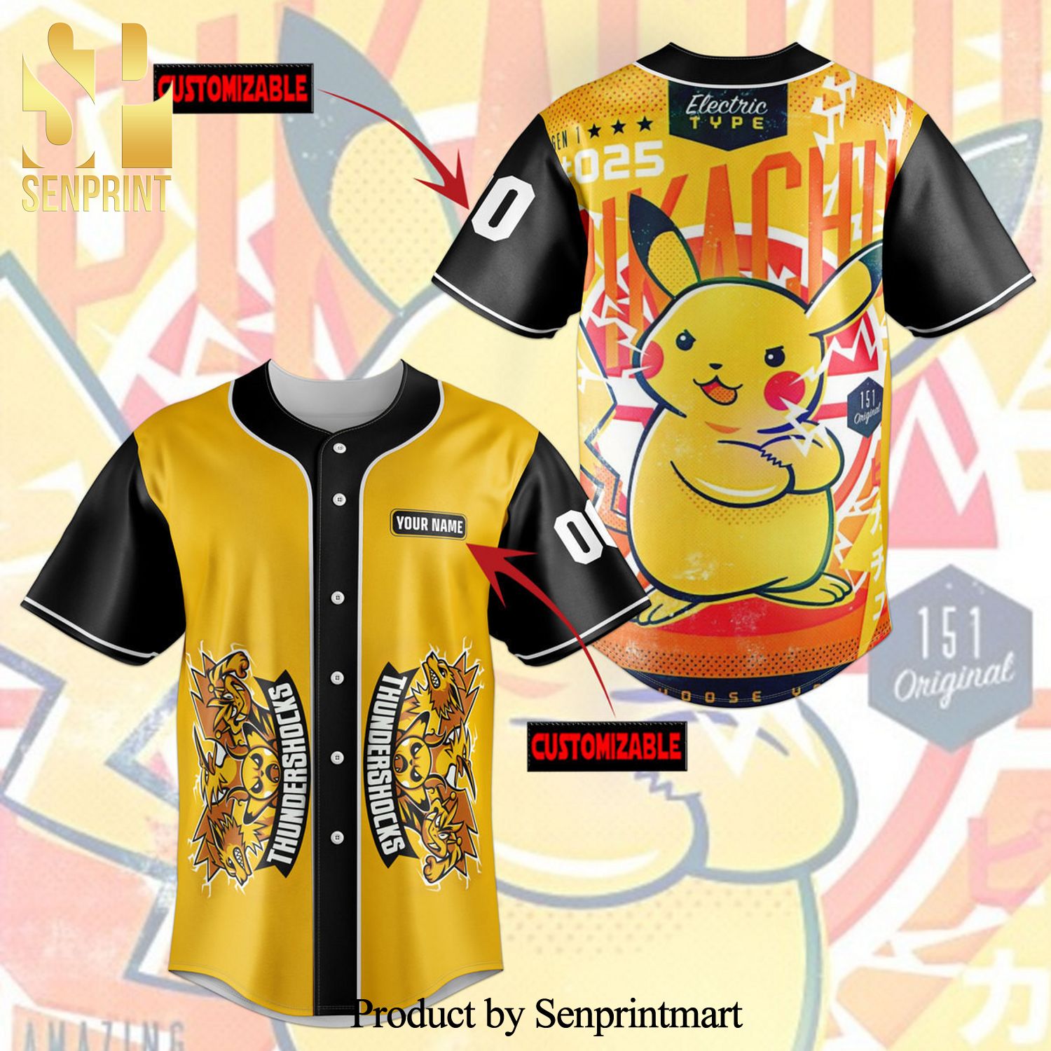 Personalized Cute Pikachu Thundershocks All Over Print Baseball Jersey – Yellow