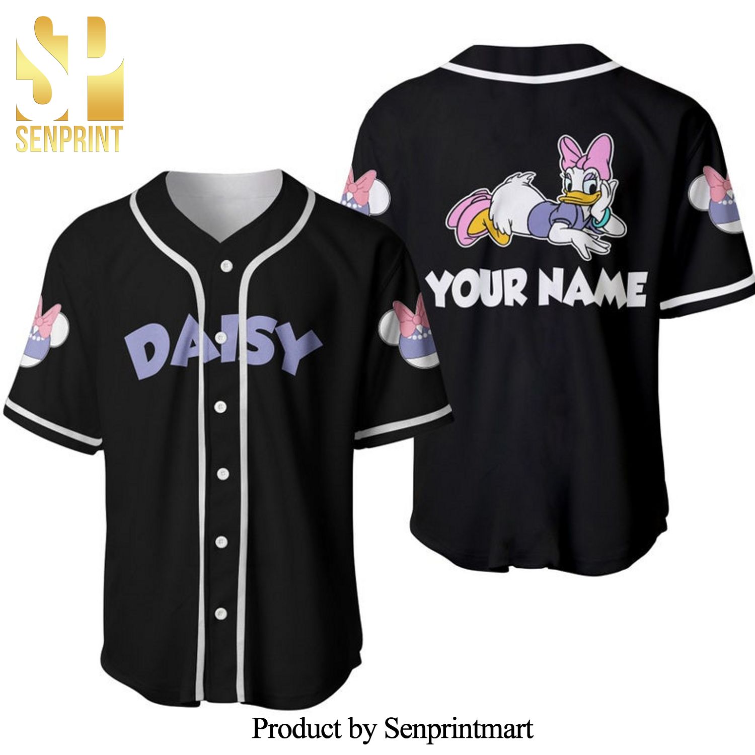 Personalized Cute Purple Daisy Duck All Over Print Baseball Jersey - Black