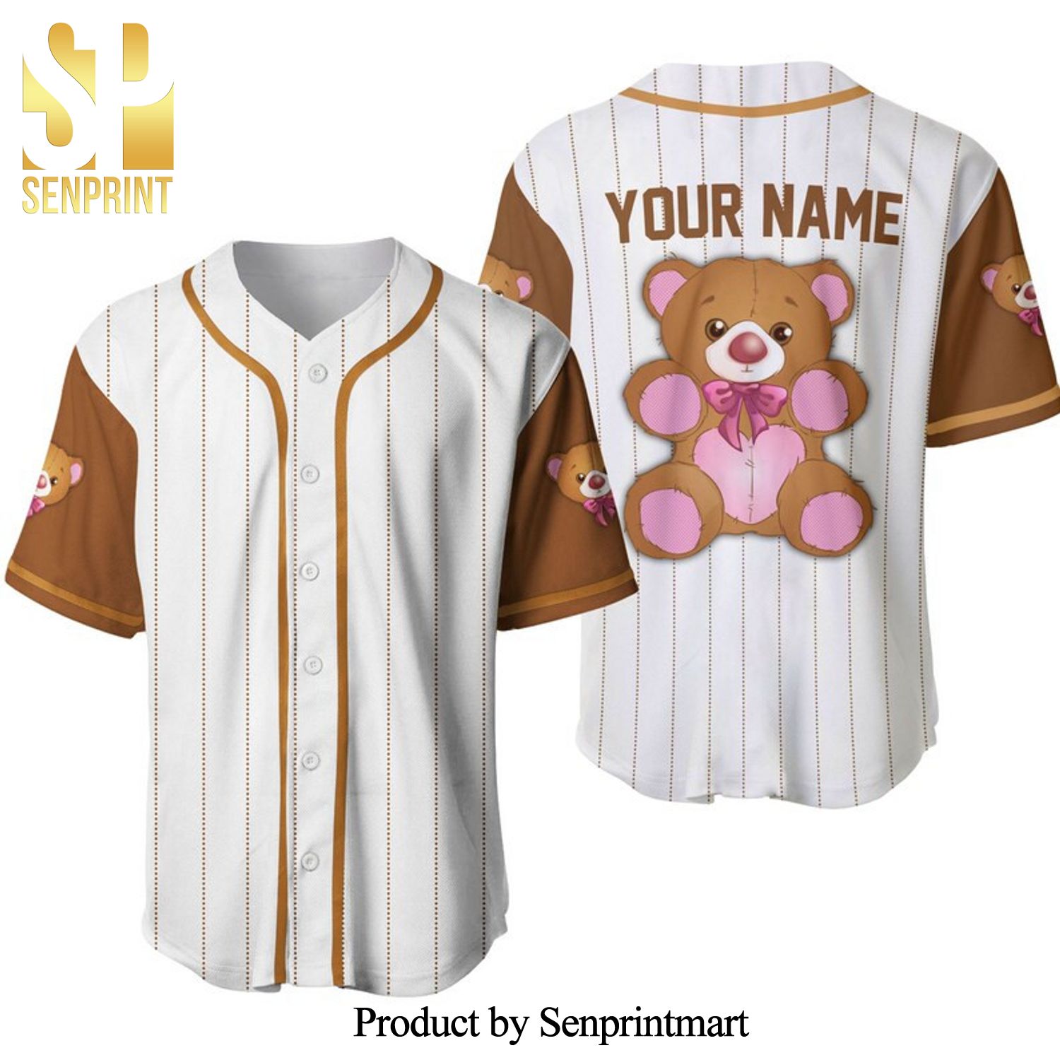 Personalized Cute Teddy Bear All Over Print Pinstripe Baseball Jersey – White
