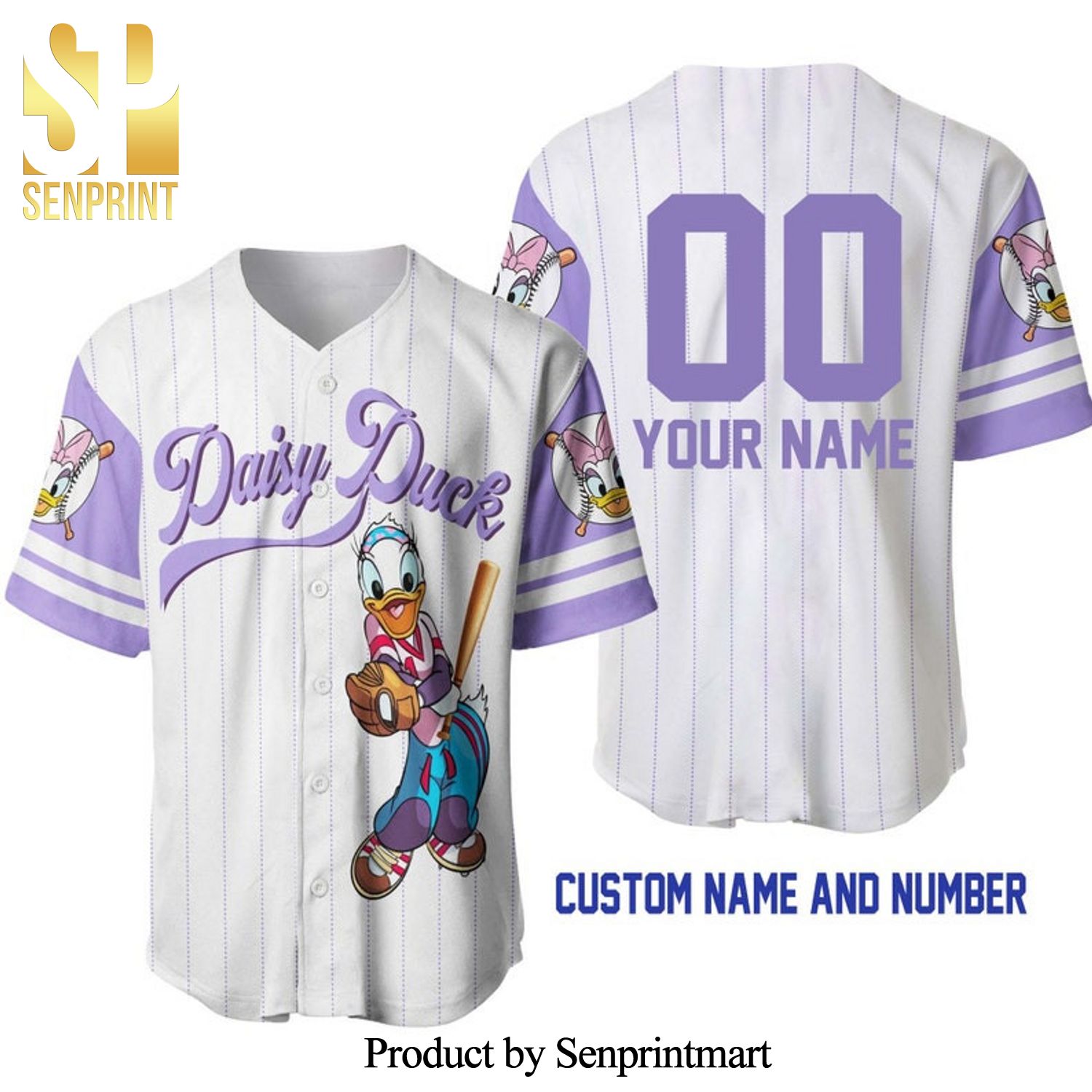 Personalized Daisy Duck All Over Print Pinstripe Baseball Jersey - White