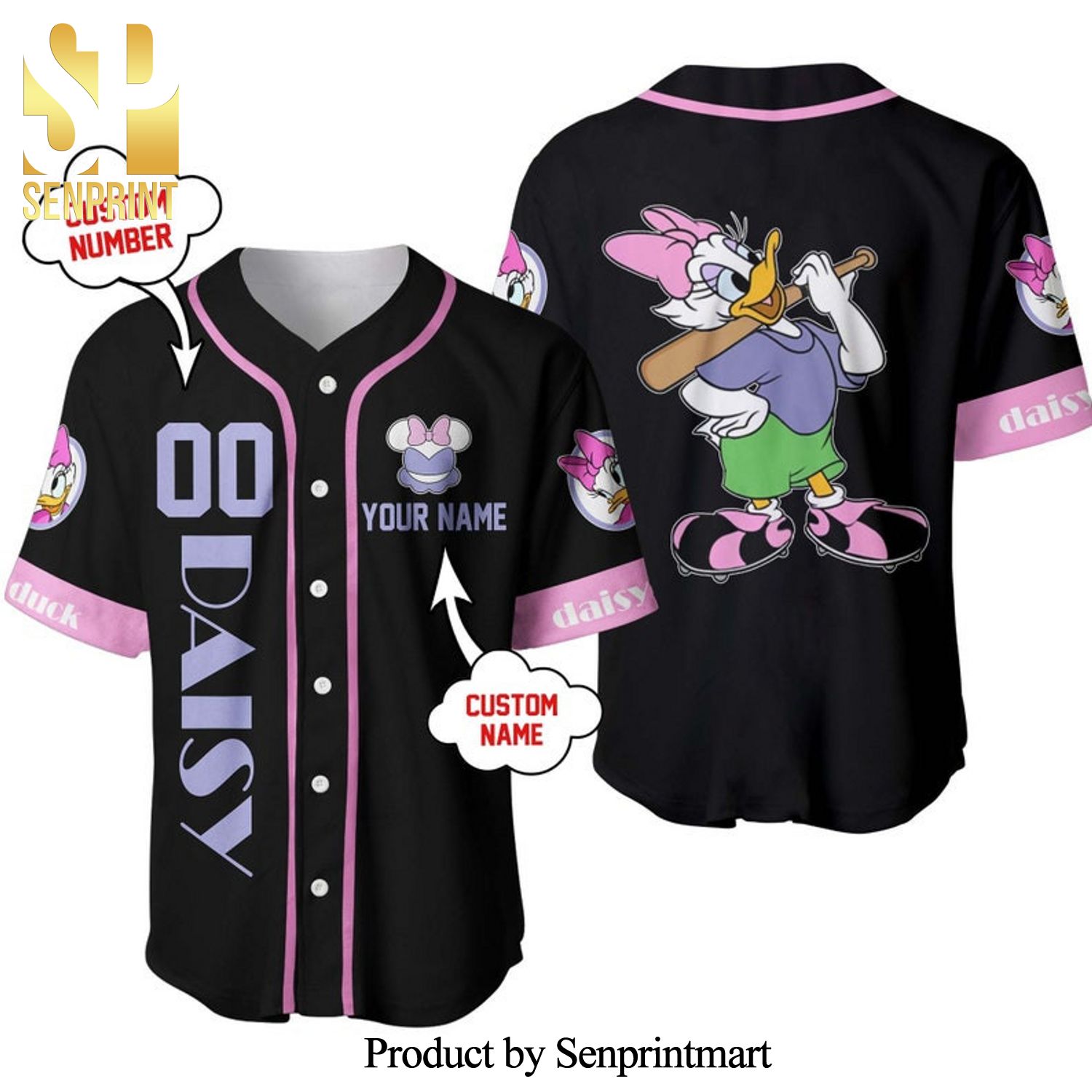 Personalized Daisy Duck Playing Baseball All Over Print Baseball Jersey – Black