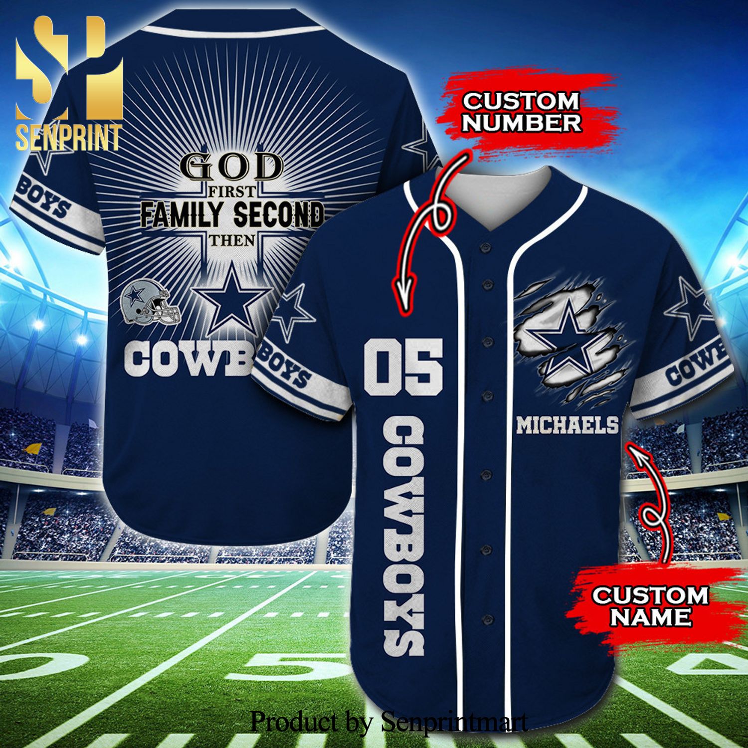 Personalized Dallas Cowboys God First Family Second Full Printing Baseball Jersey