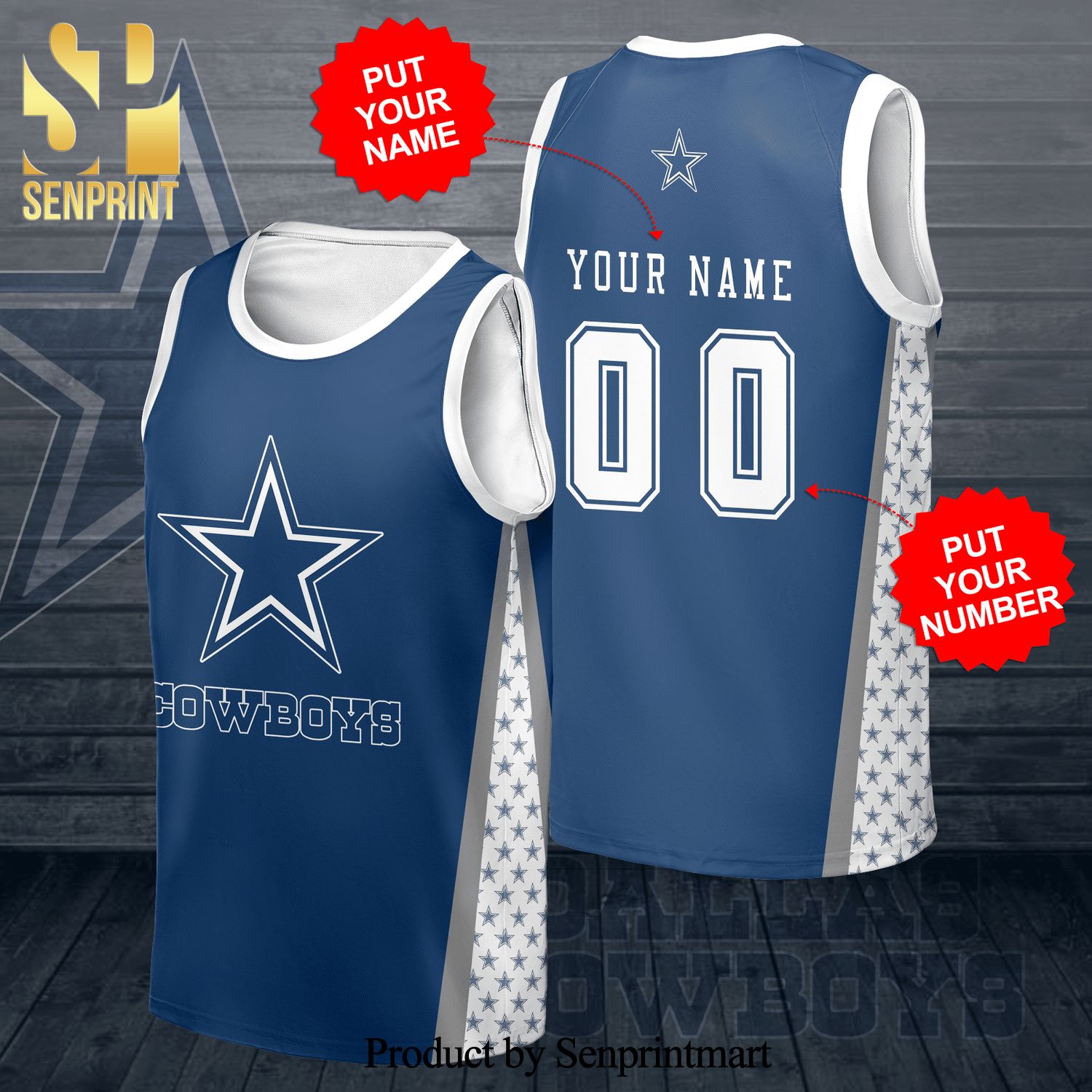 Personalized Dallas Cowboys Professional Football Team Full Printing Jersey Tank Top-Blue