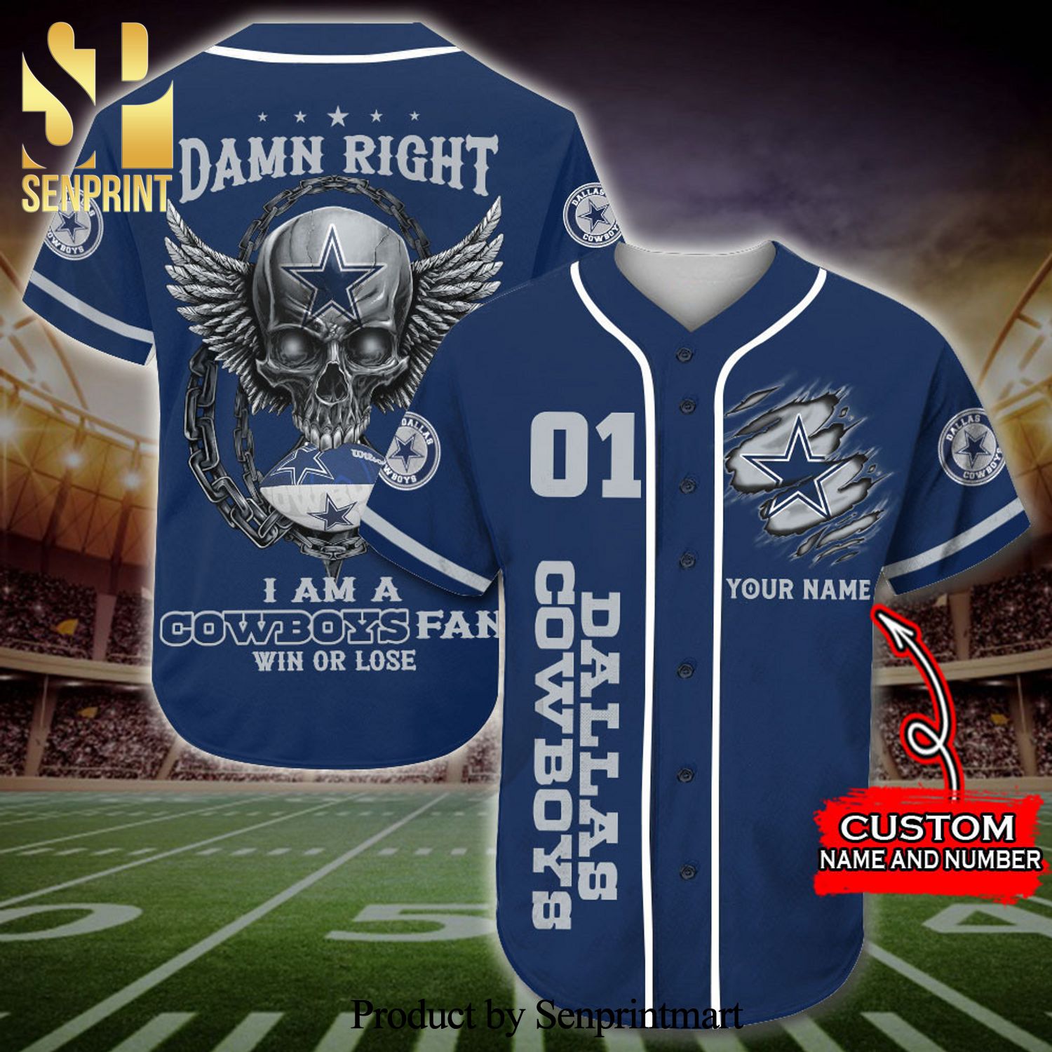 Personalized Dallas Cowboys Skull Damn Right Full Printing Baseball Jersey