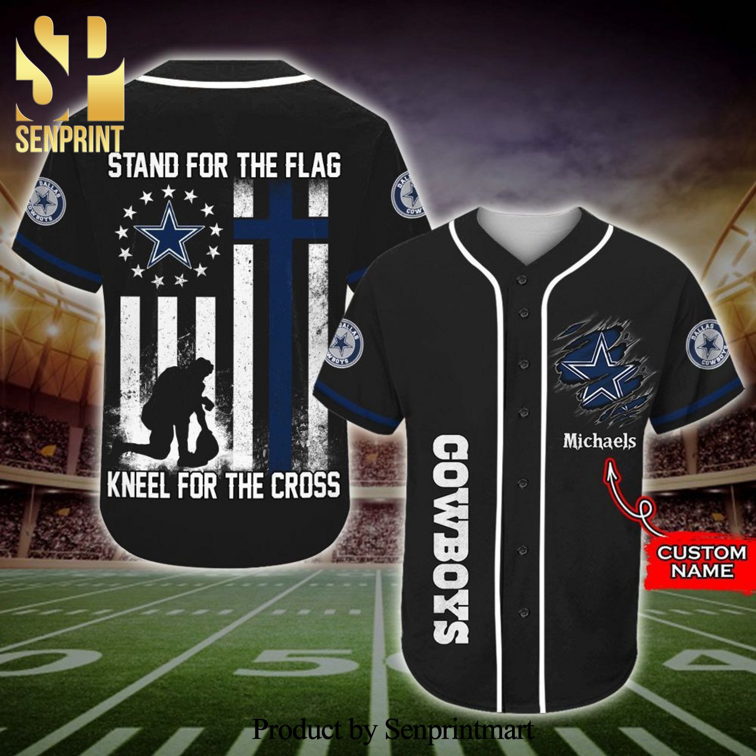 Personalized Dallas Cowboys Stand For The Flag Kneel For The Cross Full Printing Baseball Jersey - Black