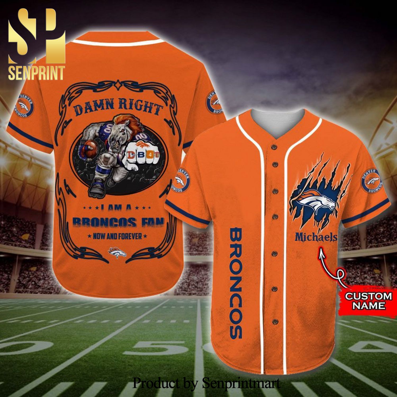 Personalized Denver Broncos Mascot Damn Right Full Printing Baseball Jersey