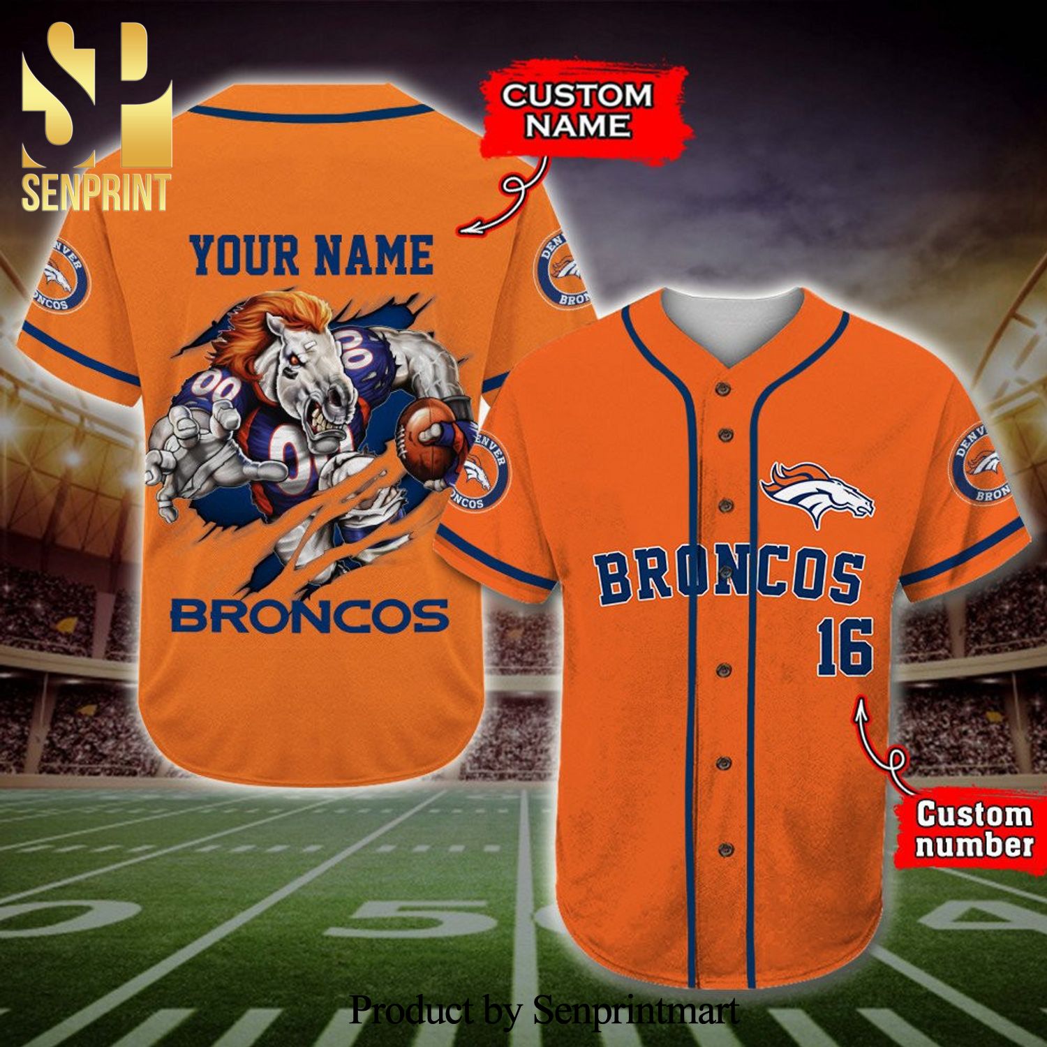 Personalized Denver Broncos Mascot Full Printing Baseball Jersey