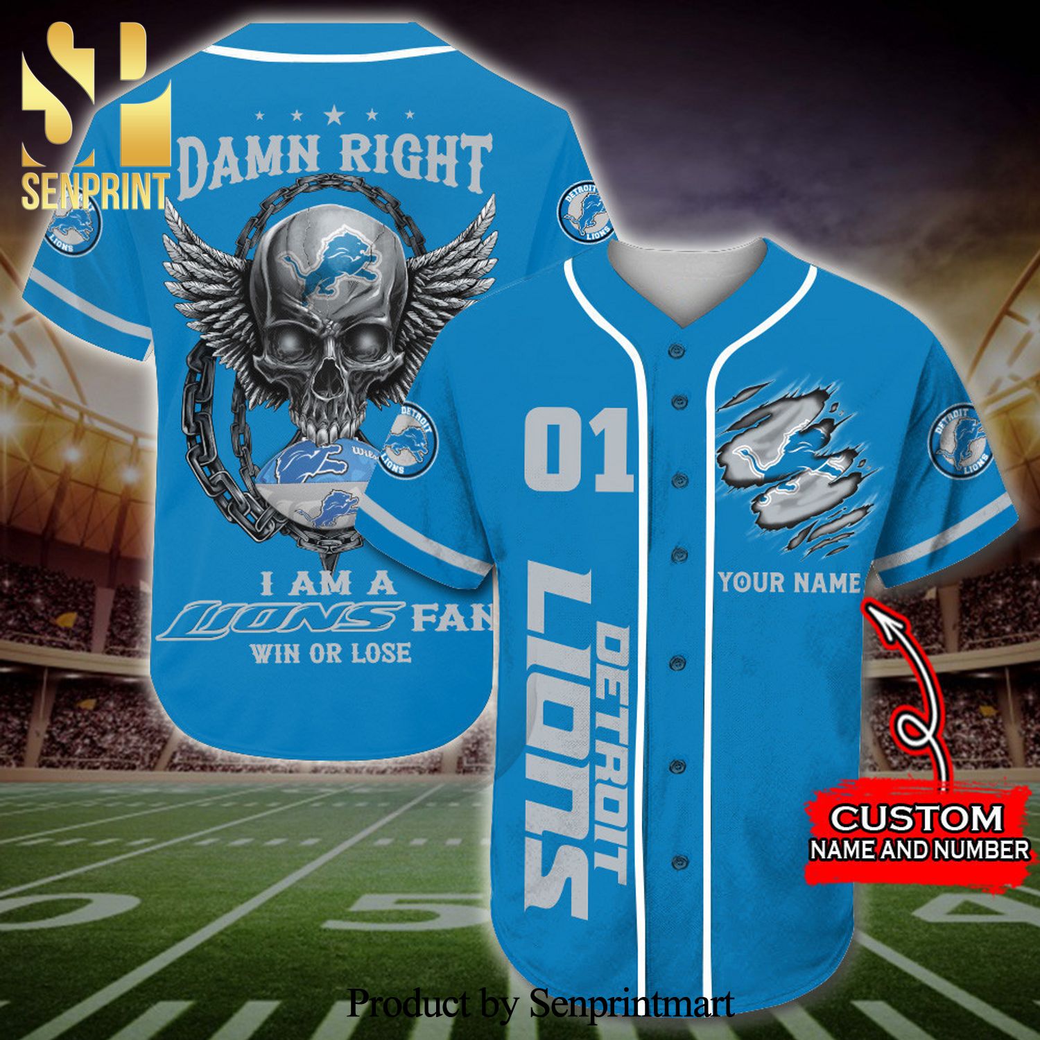 Personalized Detroit Lions Skull Damn Right Full Printing Baseball Jersey