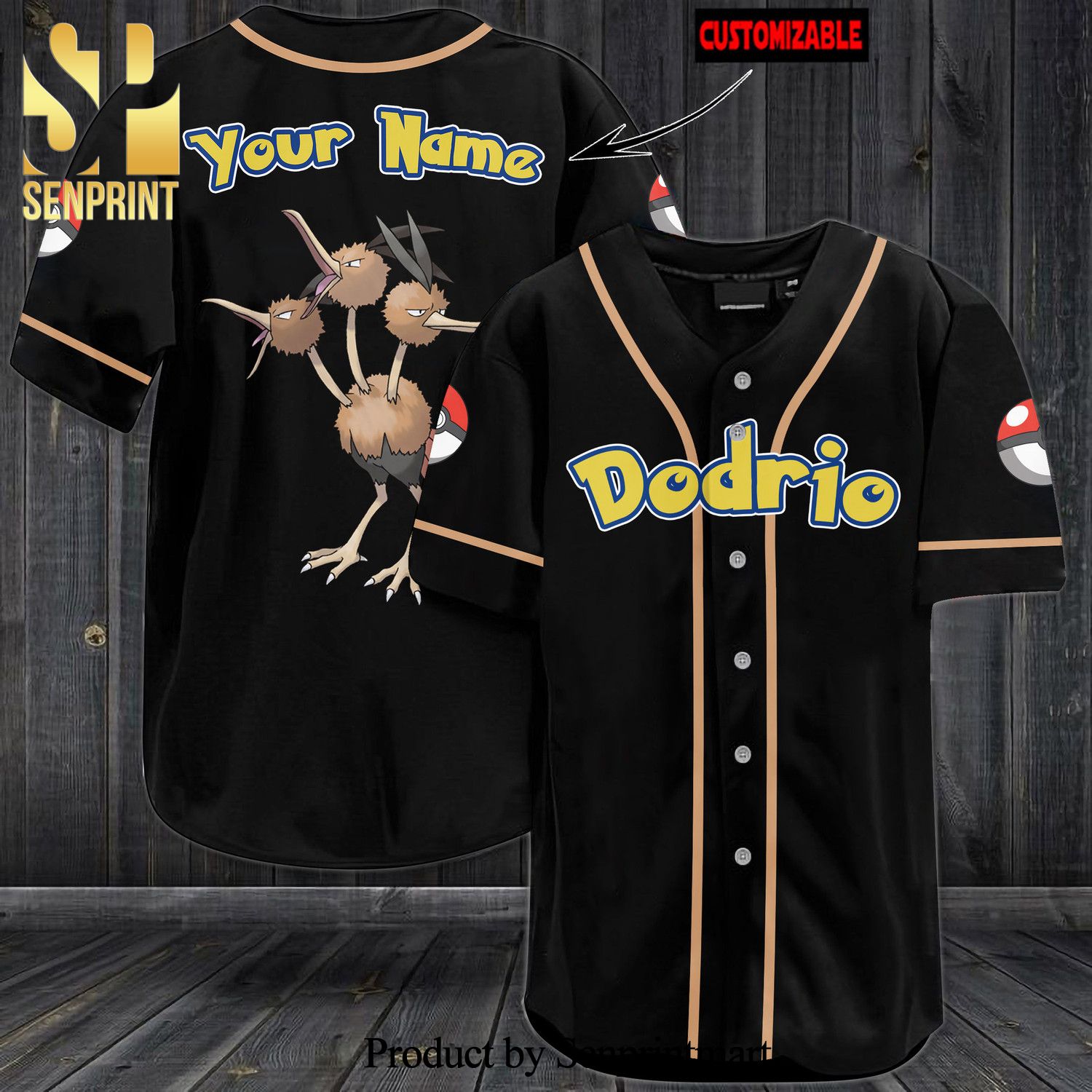 Personalized Dodrio All Over Print Baseball Jersey - Black