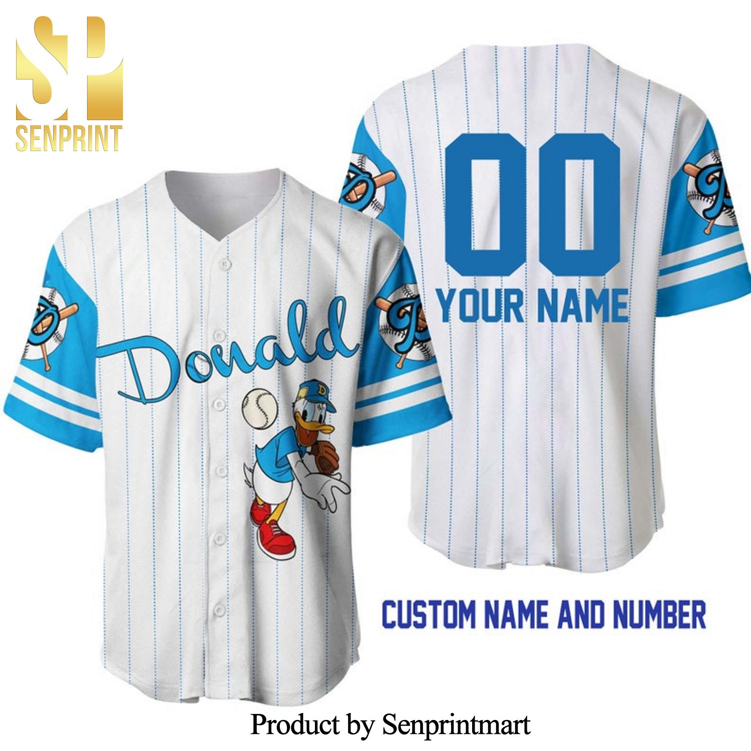 Personalized Donald Duck All Over Print Pinstripe Baseball Jersey - White