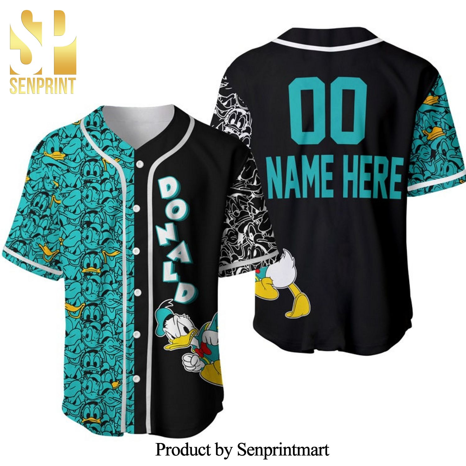Personalized Donald Duck Pattern All Over Print Baseball Jersey – Black & Turquoise