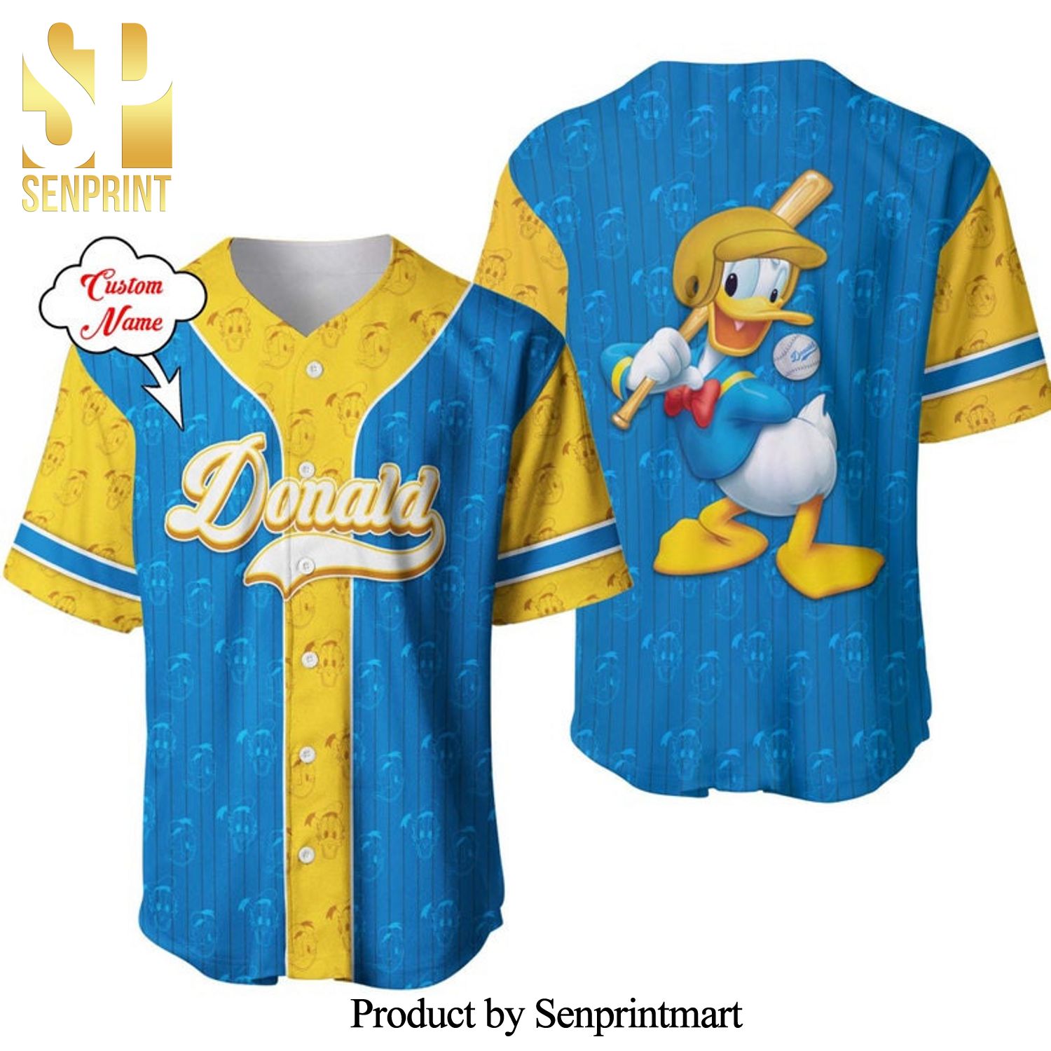 Personalized Donald Duck Pattern Disney Full Printing Pinstripe Baseball Jersey - Blue