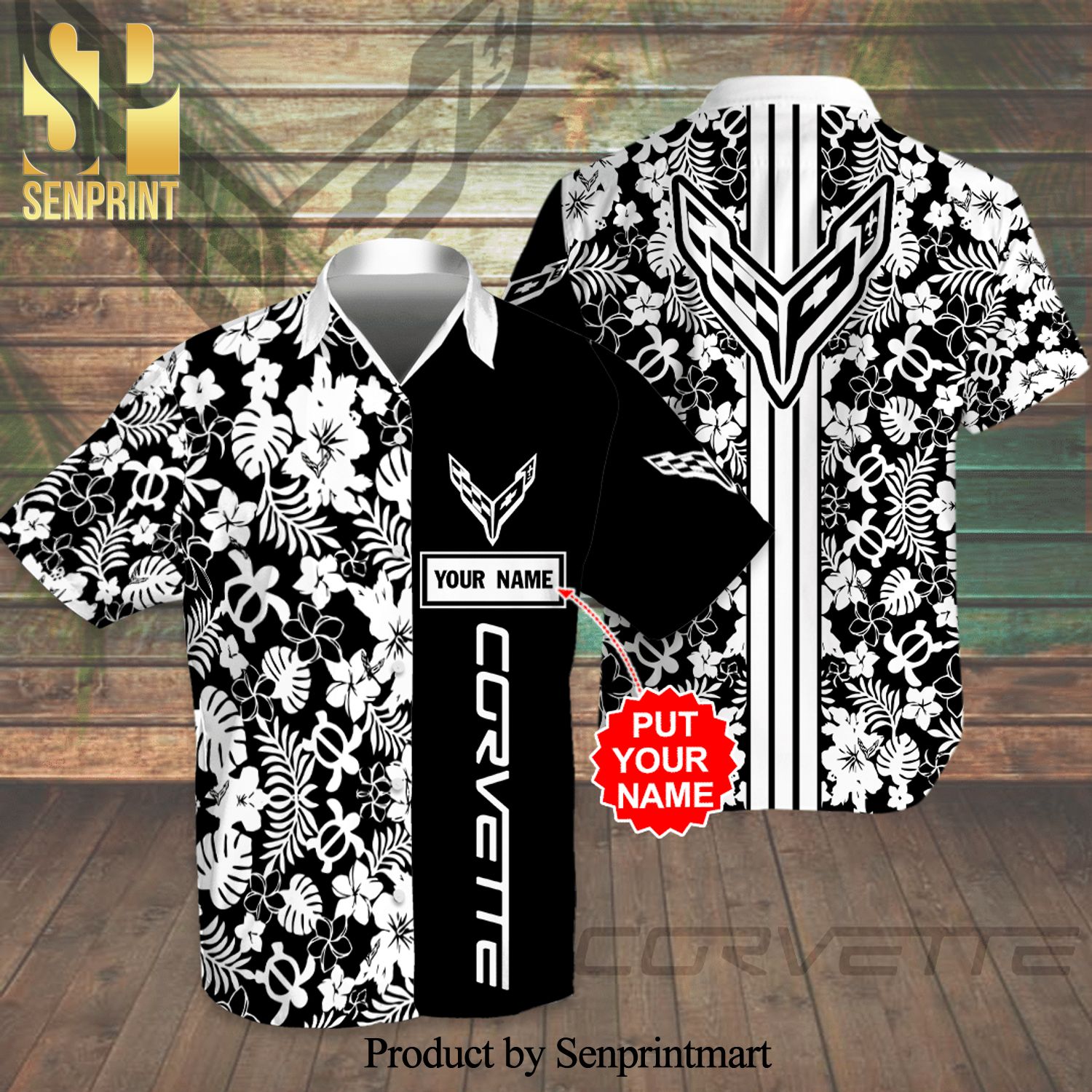Personalized Corvette Sports Car Full Printing Hawaiian Shirt – Black