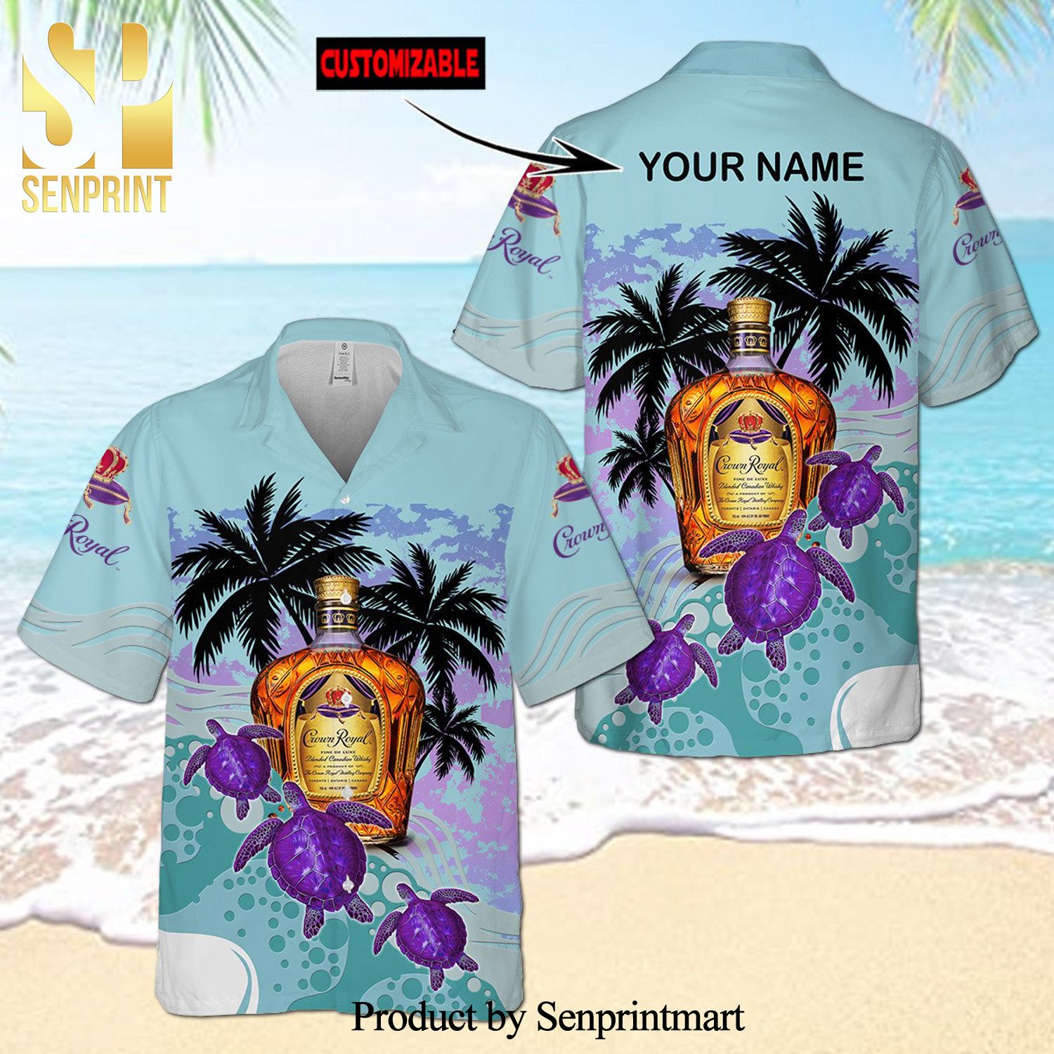 Personalized Crown Royal Turtles Palm Tree Full Printing Aloha Summer Beach Hawaiian Shirt – Light Blue