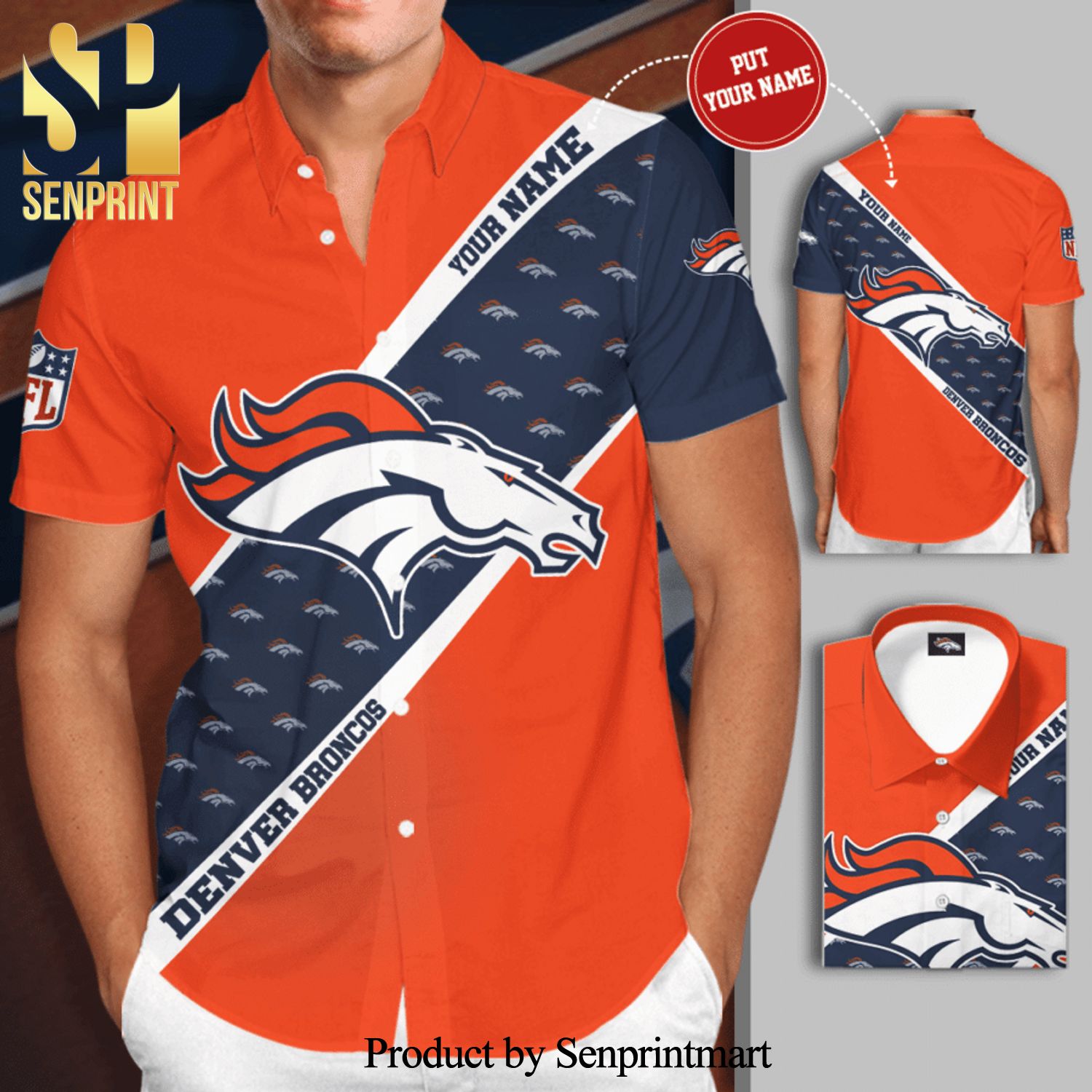Personalized Denver Broncos Big Logo Full Printing Short Sleeve Dress Shirt Hawaiian Summer Aloha Beach Shirt - Orange Navy