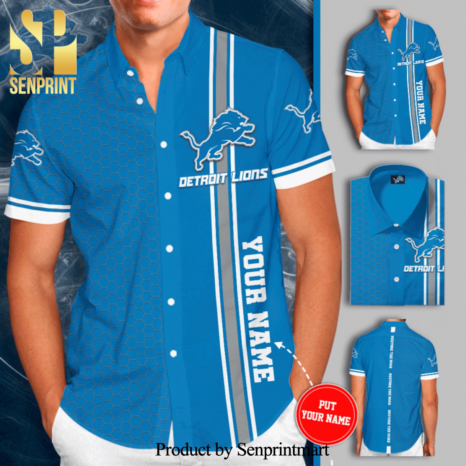 Personalized Detroit Lions Full Printing Tiling Short Sleeve Dress Shirt Hawaiian Summer Aloha Beach Shirt - Blue