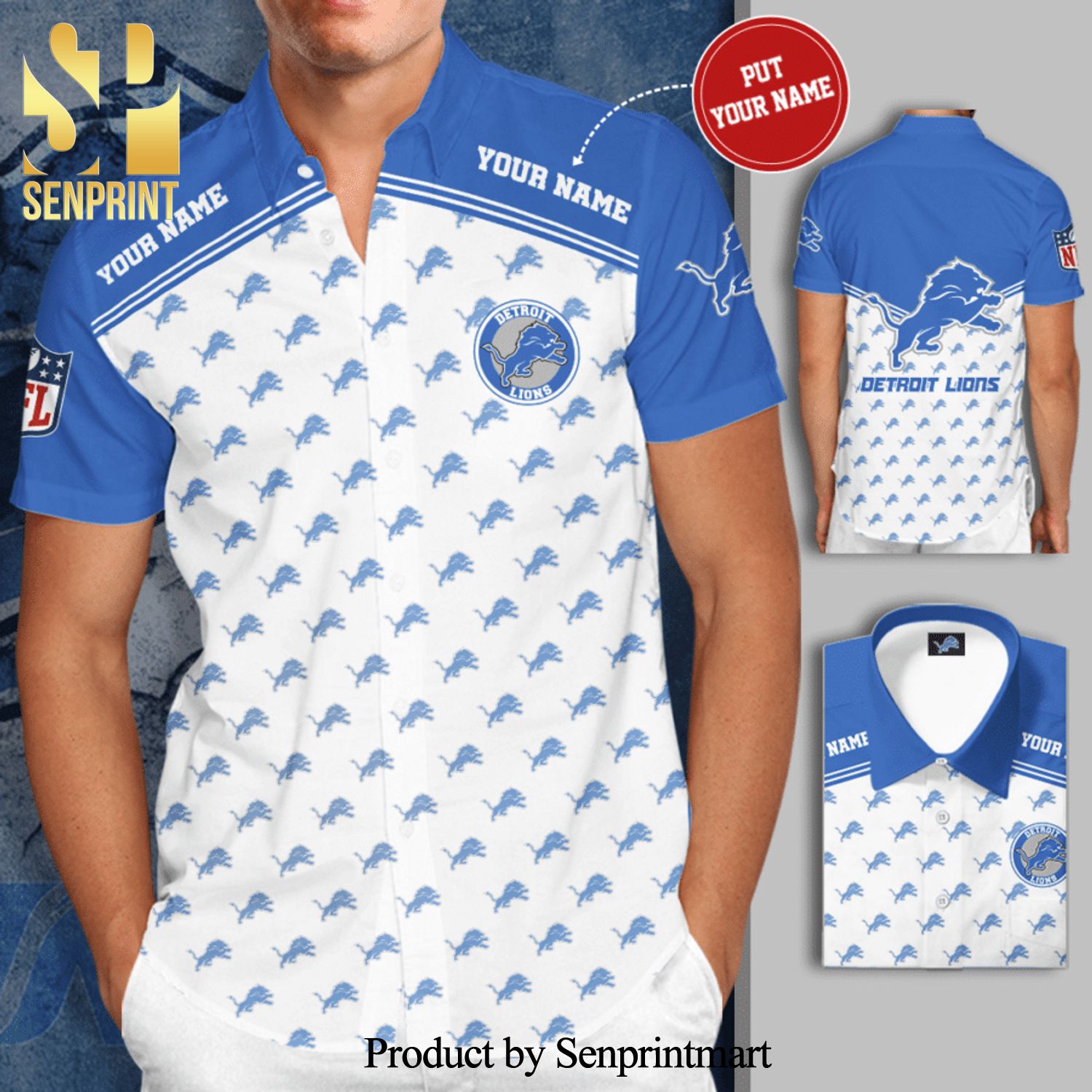Personalized Detroit Lions Logo Full Printing Short Sleeve Dress Shirt Hawaiian Summer Aloha Beach Shirt – White Light Blue