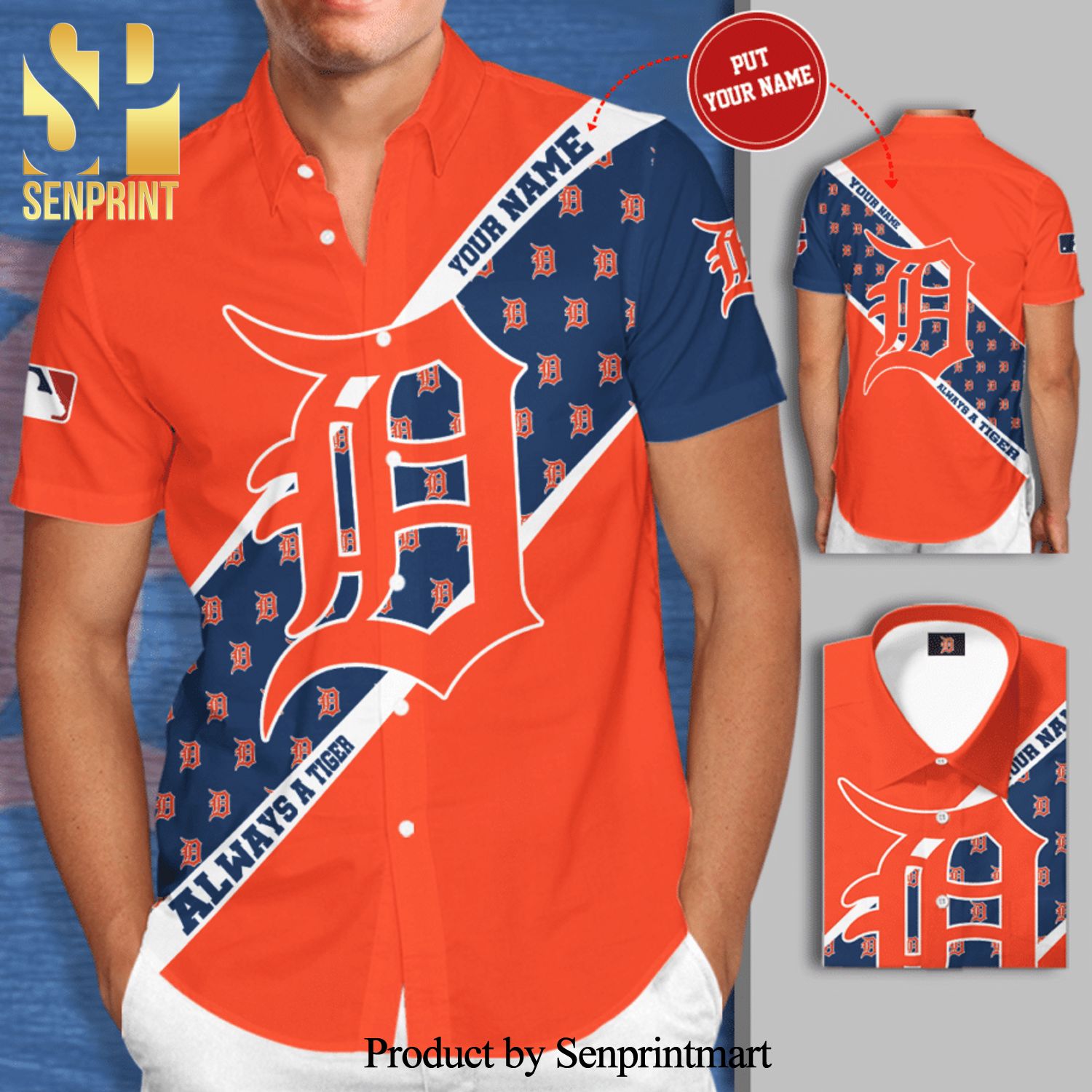 Personalized Detroit Tigers Logo Always Tiger Full Printing Short Sleeve Dress Shirt Hawaiian Summer Aloha Beach Shirt – Orange Cobalt