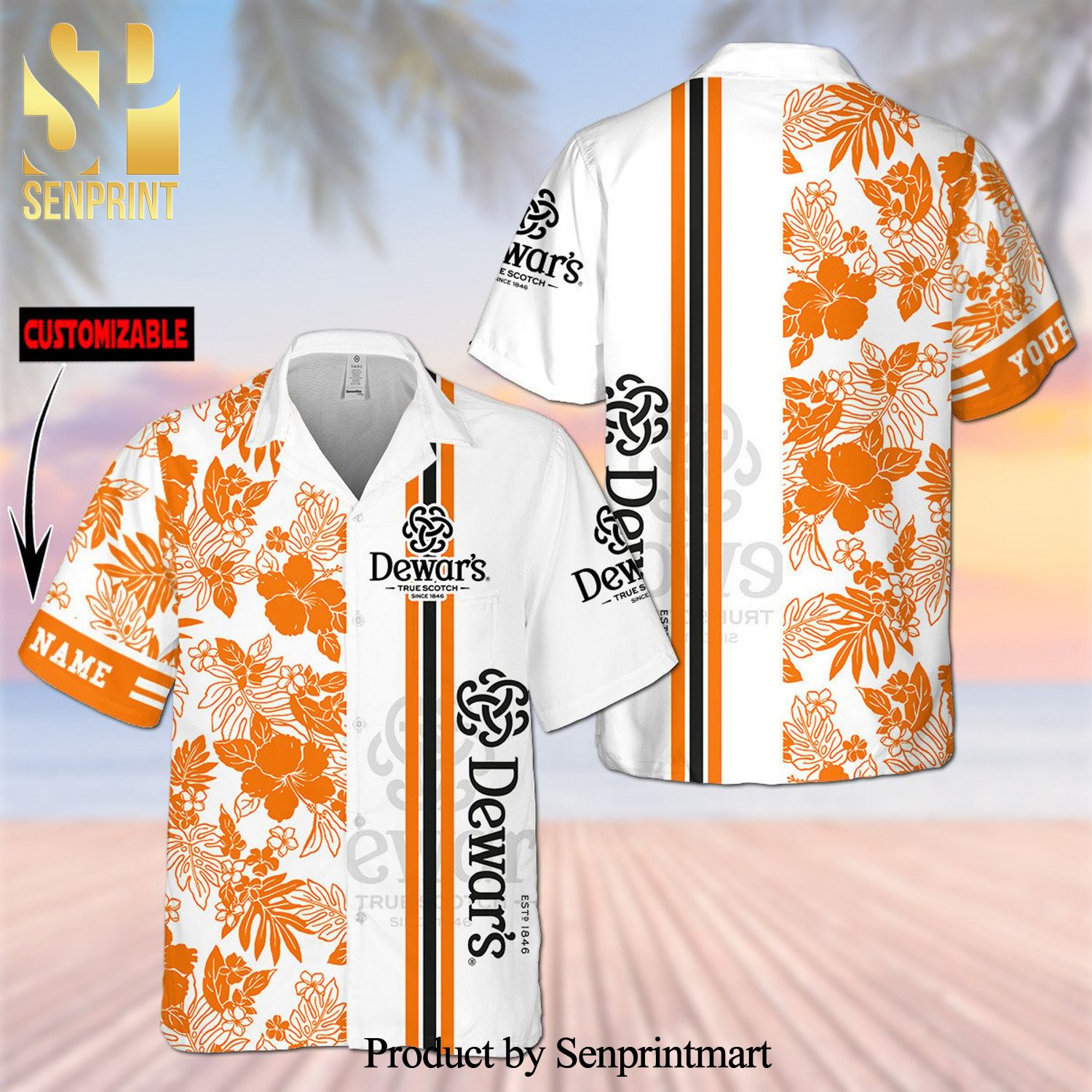 Personalized Dewar's Full Printing Flower Aloha Summer Beach Hawaiian Shirt - White Orange