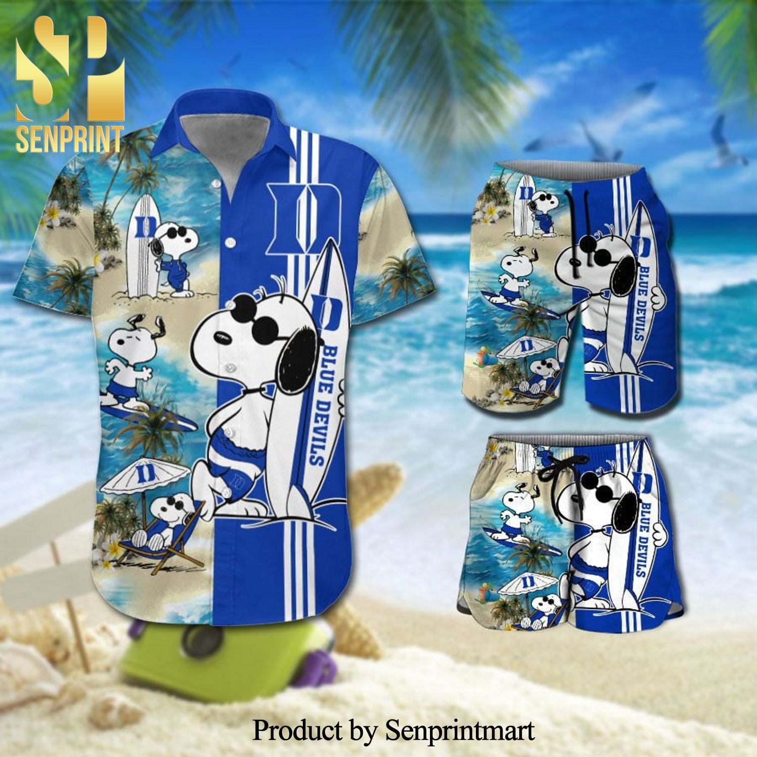 Personalized Duke Blue Devils Snoopy Surfing On The Beach Full Printing Combo Hawaiian Shirt And Beach Shorts - Blue