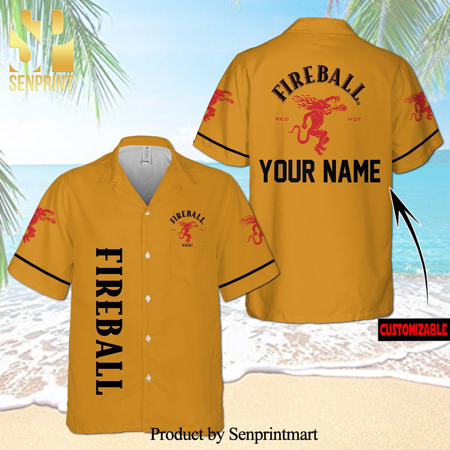 Personalized Fireball Cinnamon Whisky Full Printing Aloha Summer Beach Hawaiian Shirt – Yellow