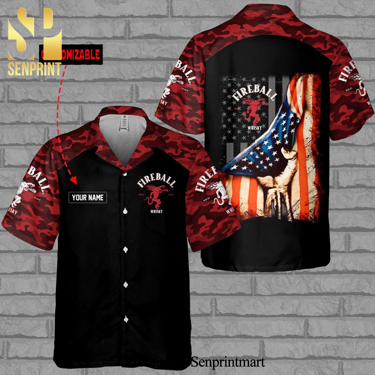 Personalized Fireball Cinnamon Whisky USA Flag Full Printing Camo Aloha Summer Beach Hawaiian Shirt - Black