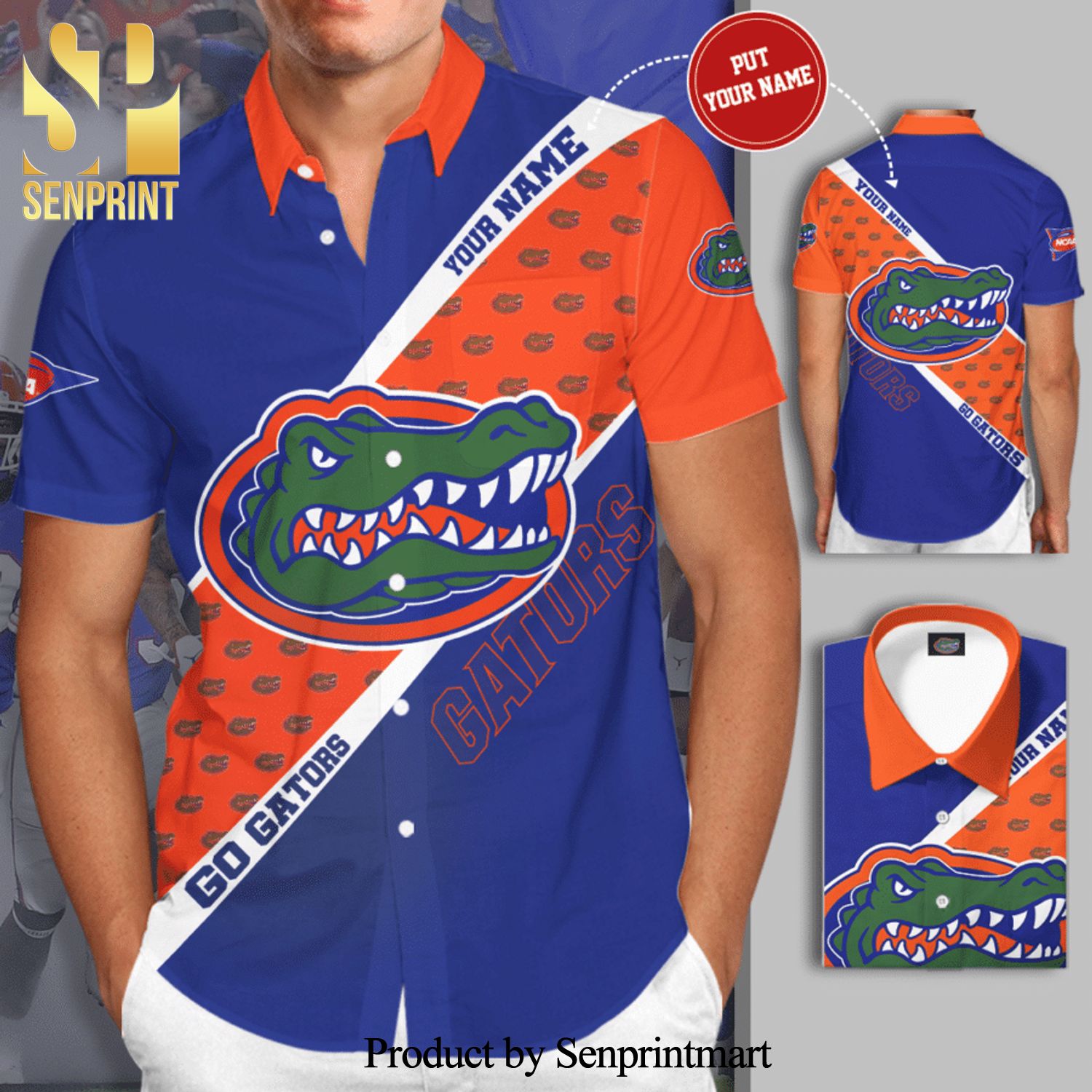 Personalized Florida Gators Logo Go Gators Full Printing Short Sleeve Dress Shirt Hawaiian Summer Aloha Beach Shirt - Blue Orange