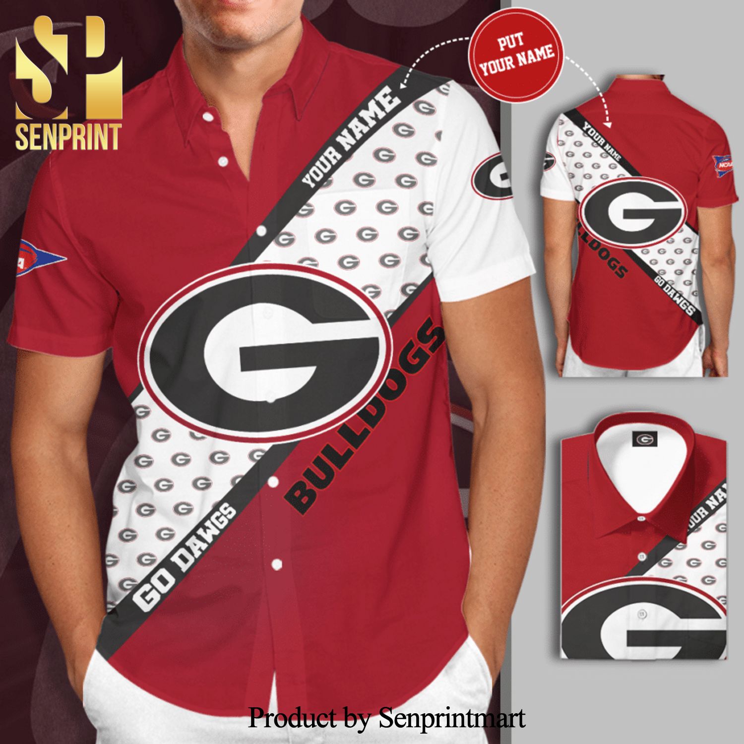 Personalized Georgia Bulldogs Go Dawgs Full Printing Short Sleeve Dress Shirt Hawaiian Summer Aloha Beach Shirt - Red White