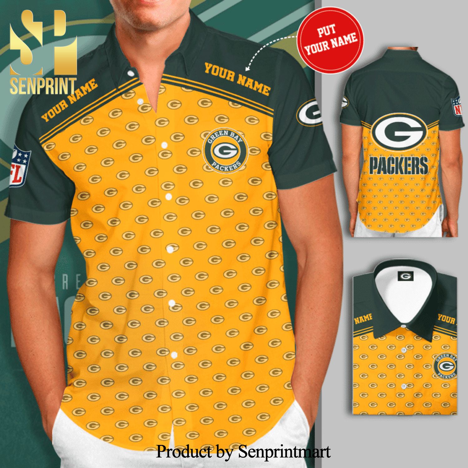 Personalized Green Bay Packers Logo Full Printing Short Sleeve Dress Shirt Hawaiian Summer Aloha Beach Shirt - Yellow Green