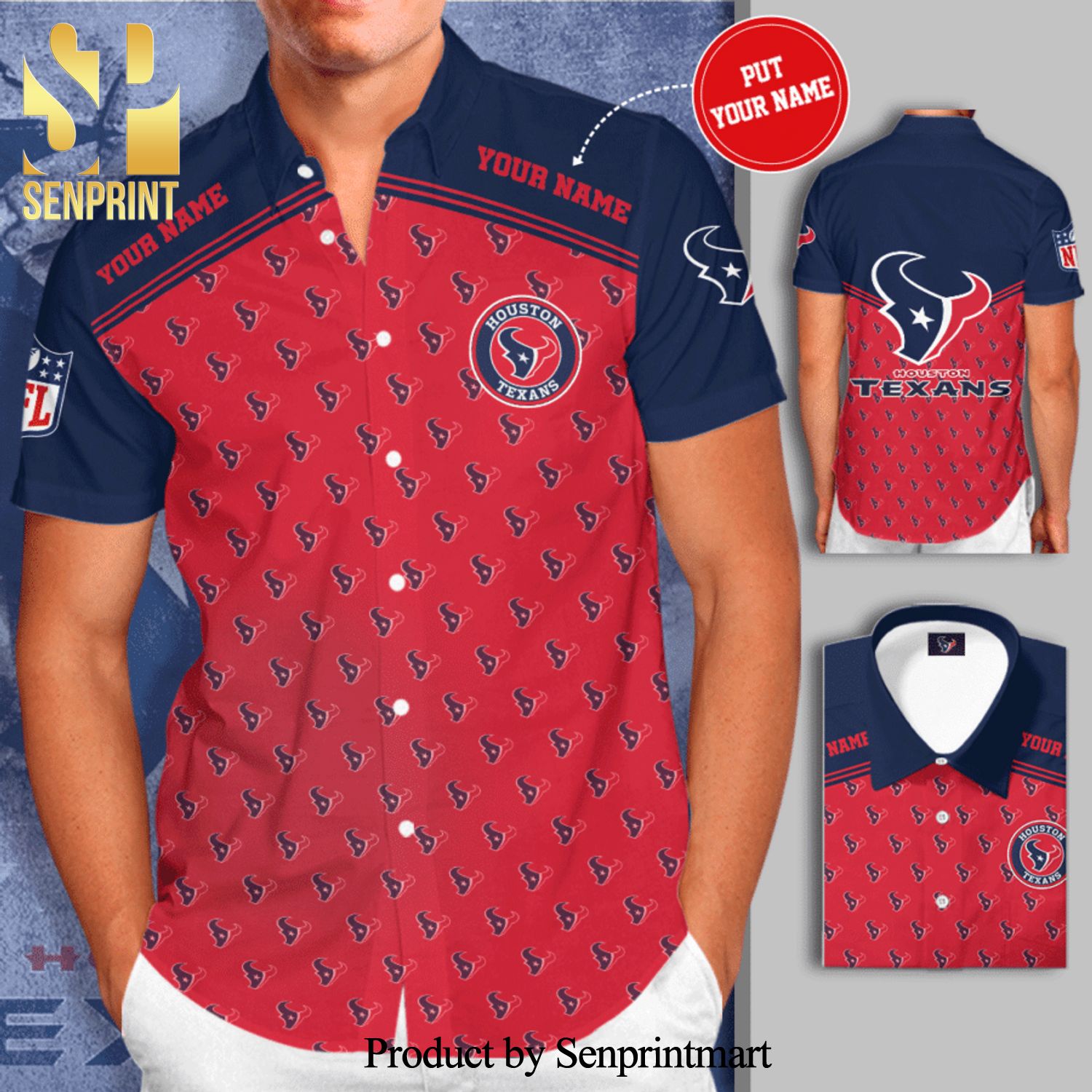 Personalized Houston Texans Logo Full Printing Short Sleeve Dress Shirt Hawaiian Summer Aloha Beach Shirt – Red Navy