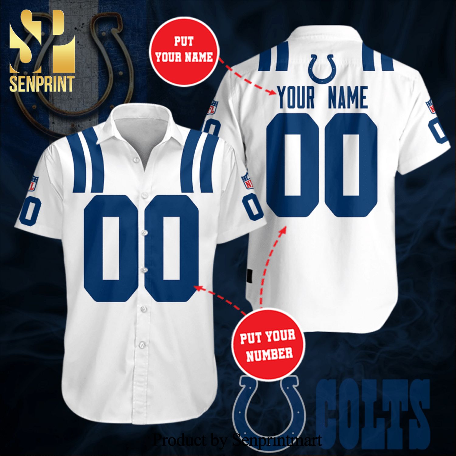 Personalized Indianapolis Colts Full Printing Short Sleeve Dress Shirt Hawaiian Summer Aloha Beach Shirt – White