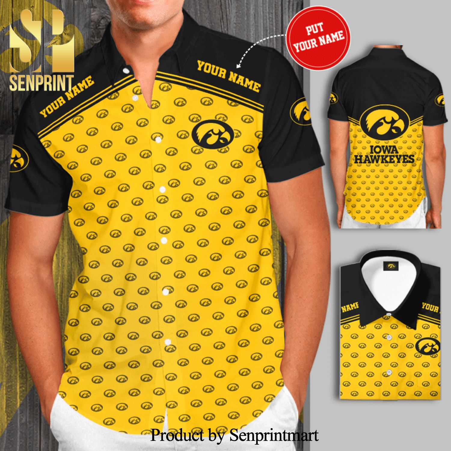 Personalized Iowa Hawkeyes Full Printing Short Sleeve Dress Shirt Hawaiian Summer Aloha Beach Shirt - Yellow Black