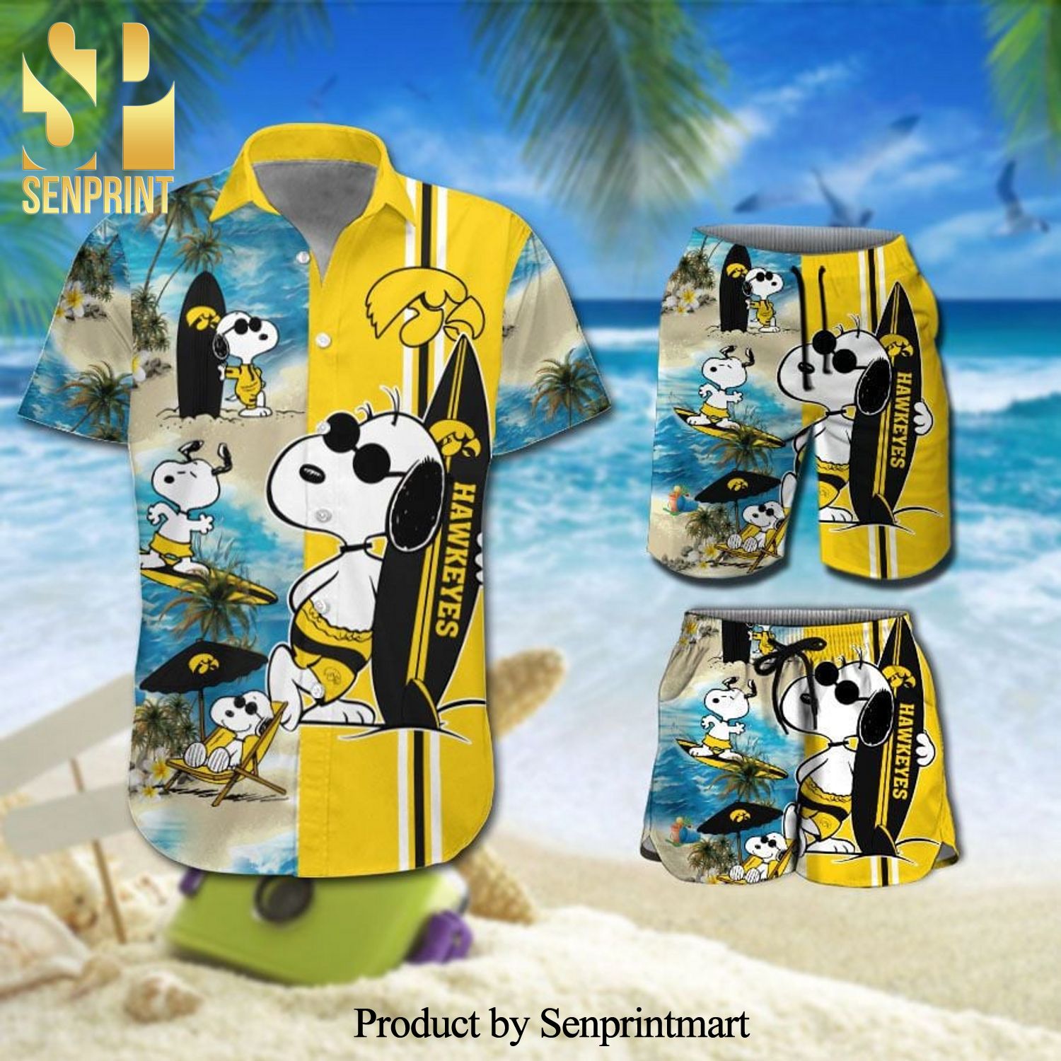 Personalized Iowa Hawkeyes Snoopy Surfing On The Beach Full Printing Combo Hawaiian Shirt And Beach Shorts