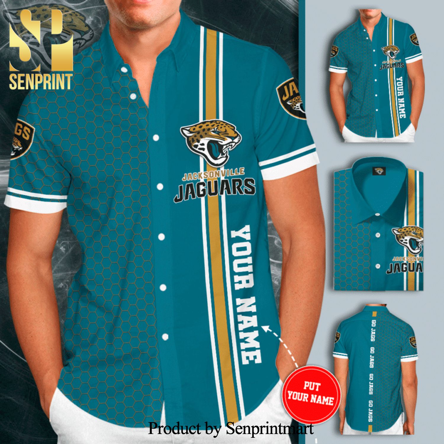Personalized Jacksonville Jaguars Go Jags Full Printing Tiling Short Sleeve Dress Shirt Hawaiian Summer Aloha Beach Shirt – Teal
