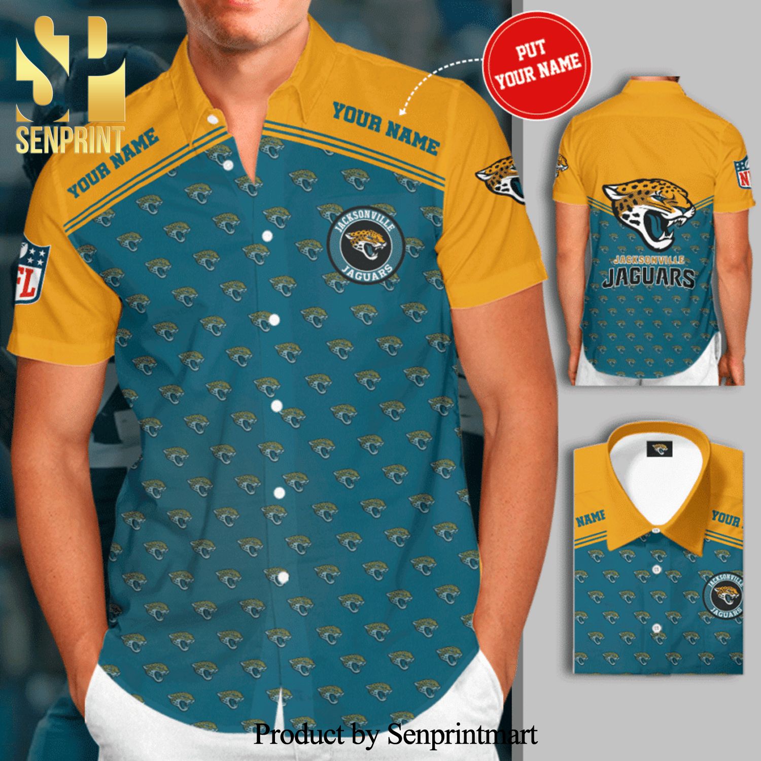 Personalized Jacksonville Jaguars Logo Full Printing Short Sleeve Dress Shirt Hawaiian Summer Aloha Beach Shirt - Teal Yellow