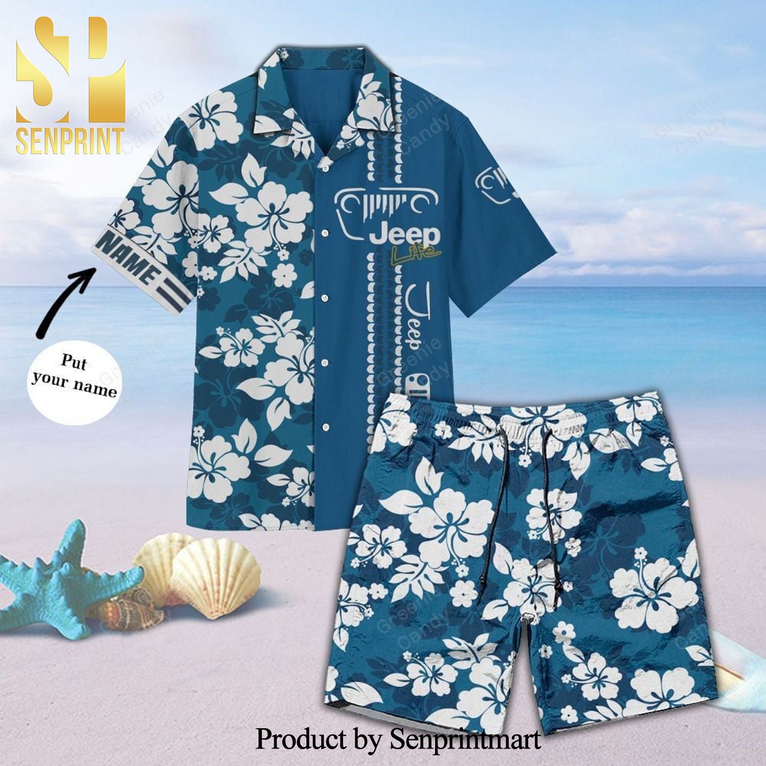 Personalized Jeep Floral Full Printing Unisex Hawaiian Shirt And Beach Short - Blue