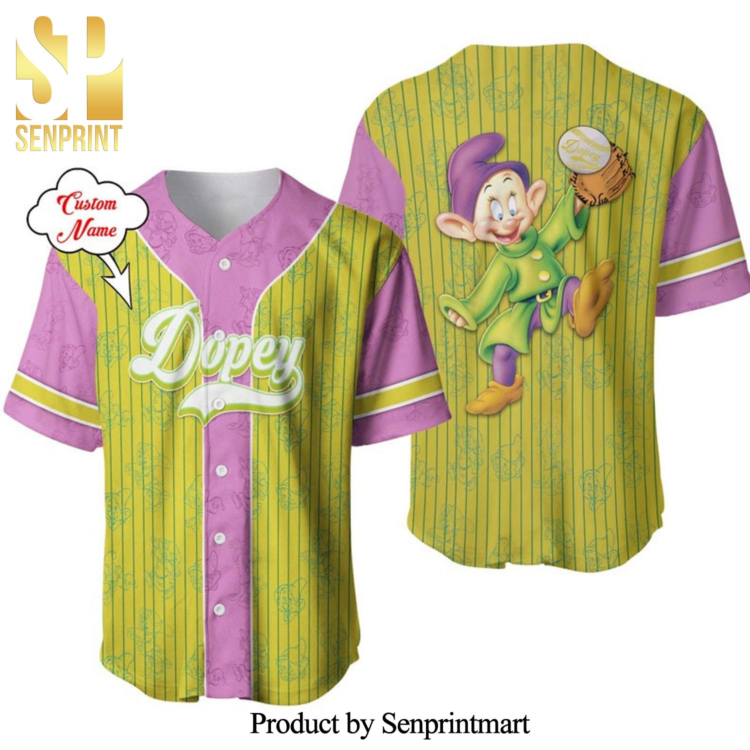 Personalized Dopey Dwarf Pattern Disney Snow White Full Printing Pinstripe Baseball Jersey – Lime Green
