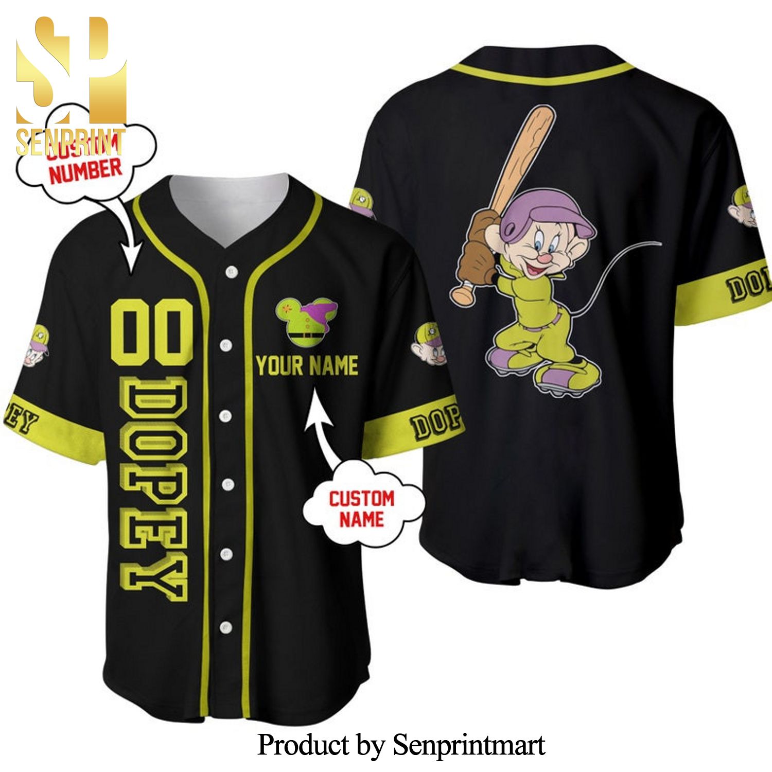 Personalized Dopey Dwarf Snow White Playing Baseball All Over Print Baseball Jersey – Black
