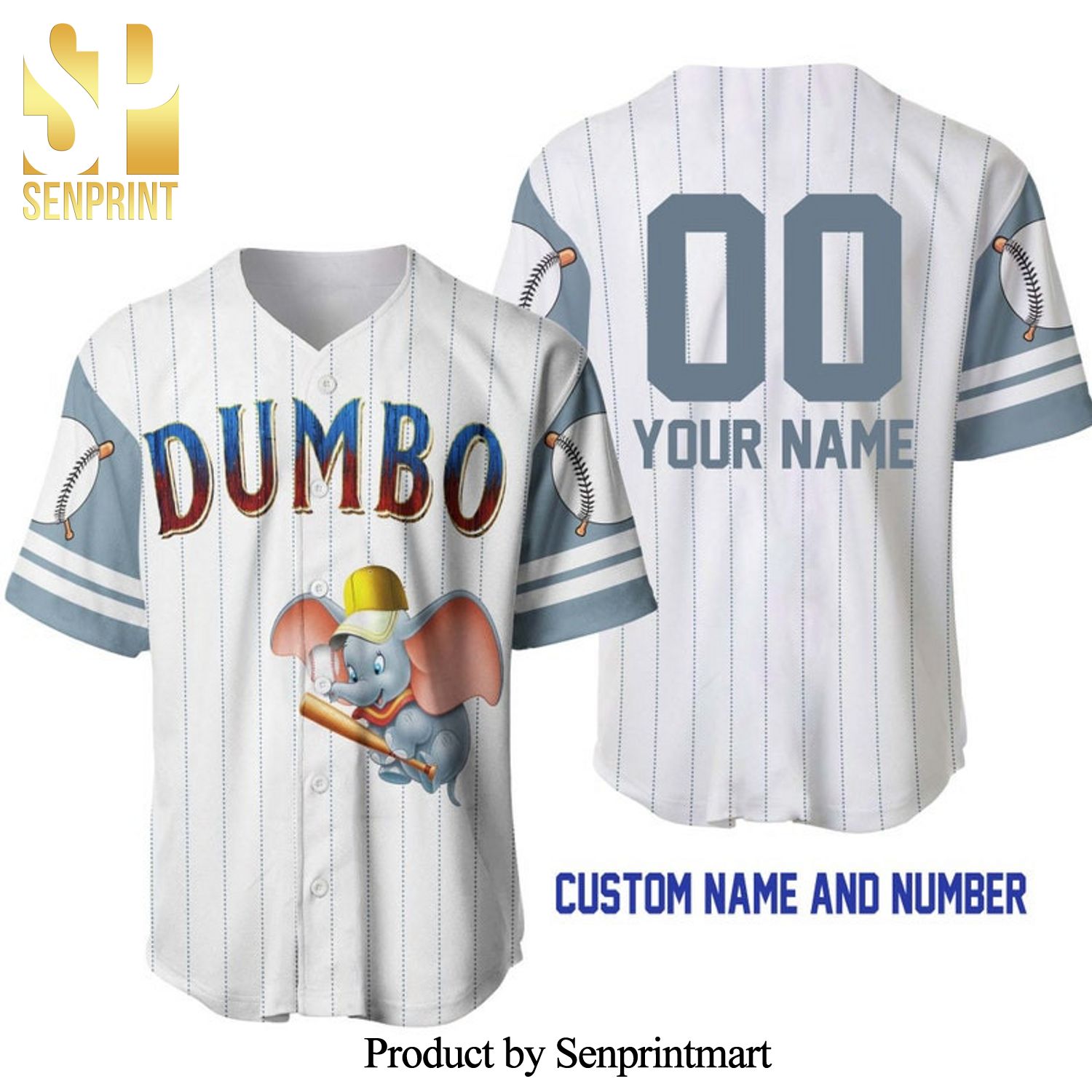 Personalized Dumbo The Flying Elephant All Over Print Pinstripe Baseball Jersey – White