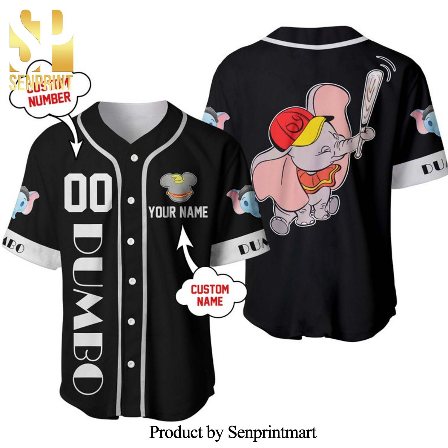 Personalized Dumbo The Flying Elephant Disney All Over Print Baseball Jersey – Black