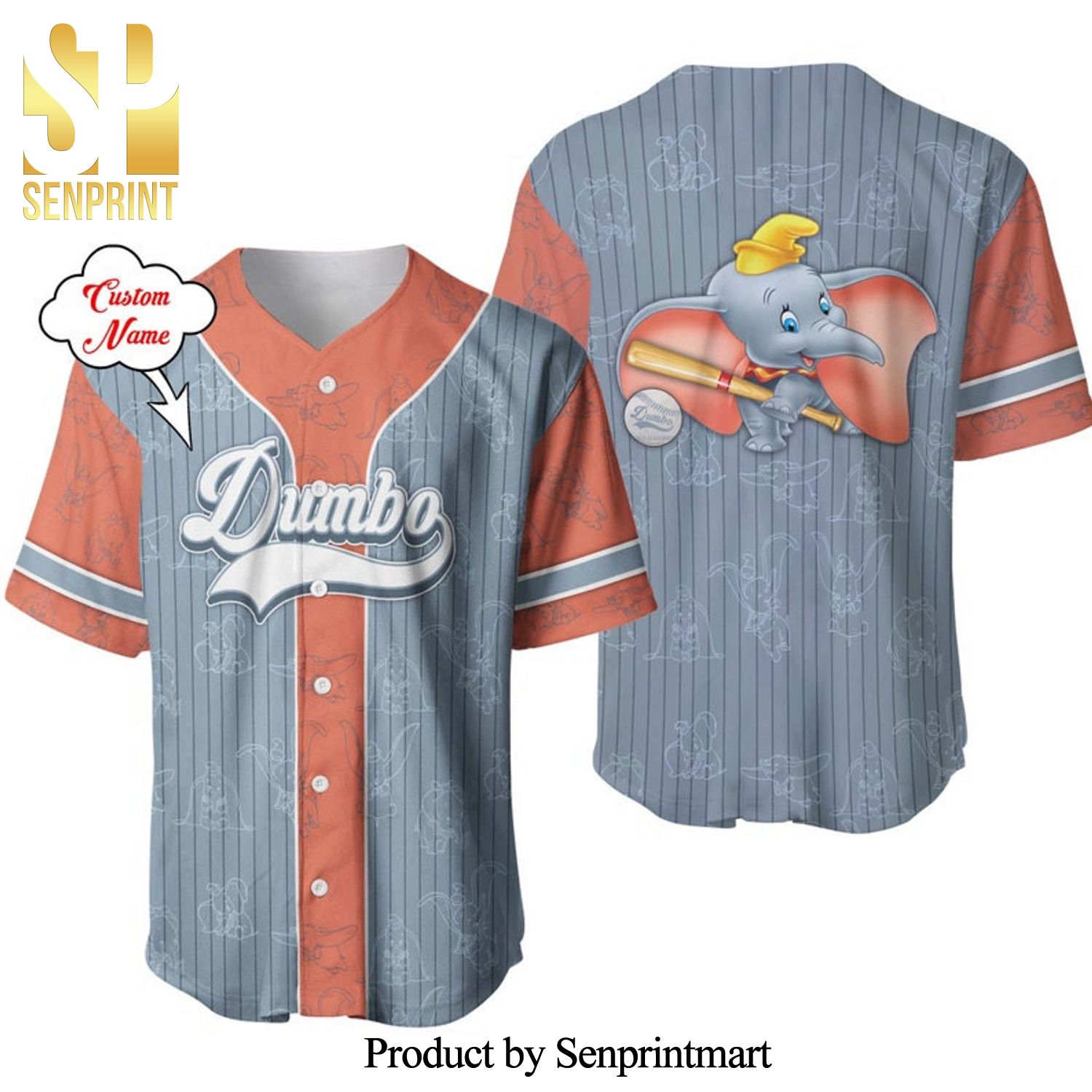 Personalized Dumbo The Flying Elephant Pattern Disney Full Printing Pinstripe Baseball Jersey – Gray