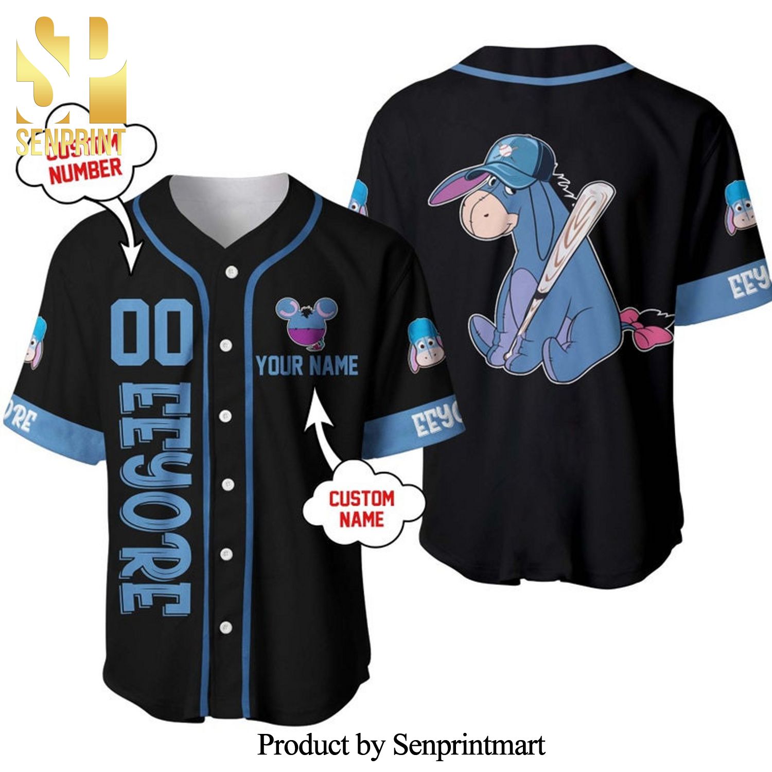 Personalized Eeyore Disney Playing Baseball All Over Print Baseball Jersey – Black