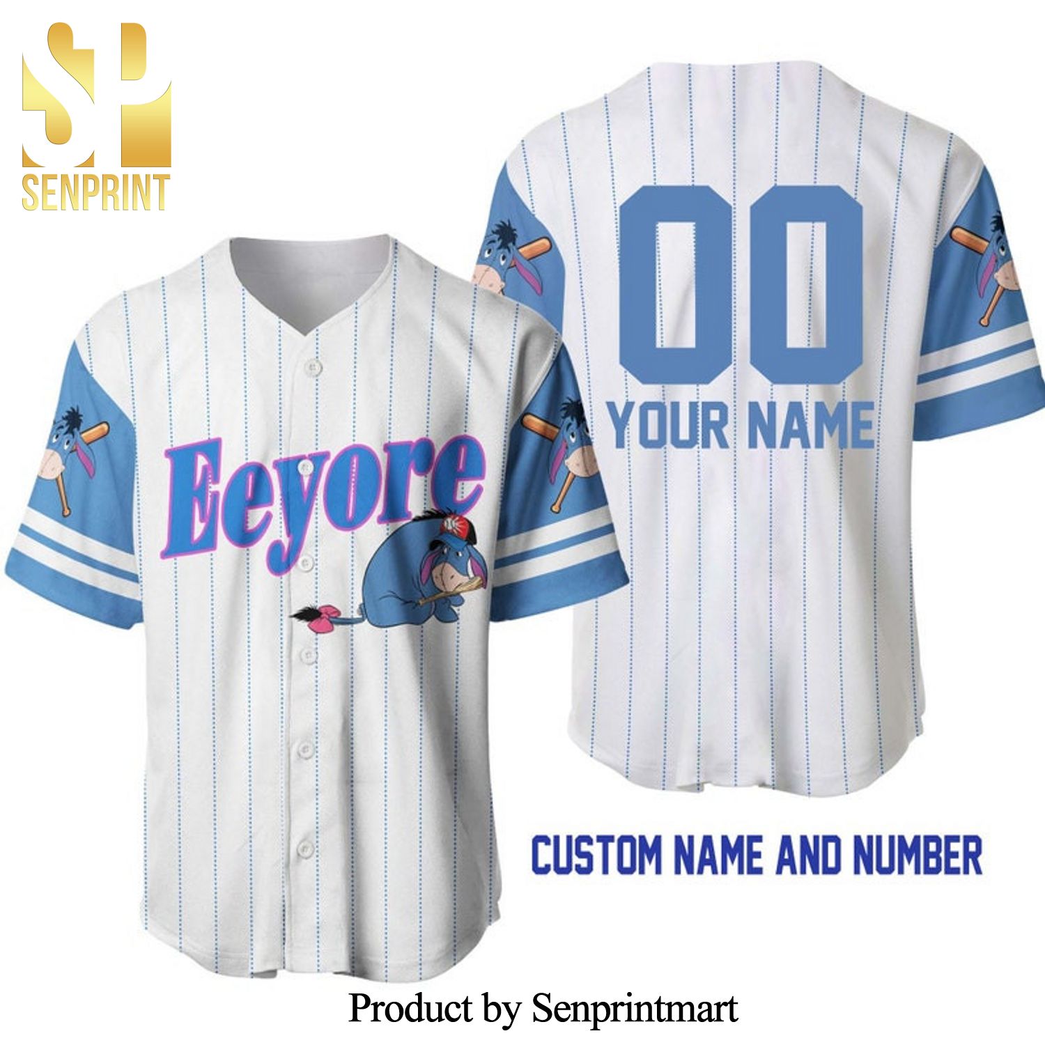 Personalized Eeyore Donkey Winnie The Pooh All Over Print Pinstripe Baseball Jersey – White