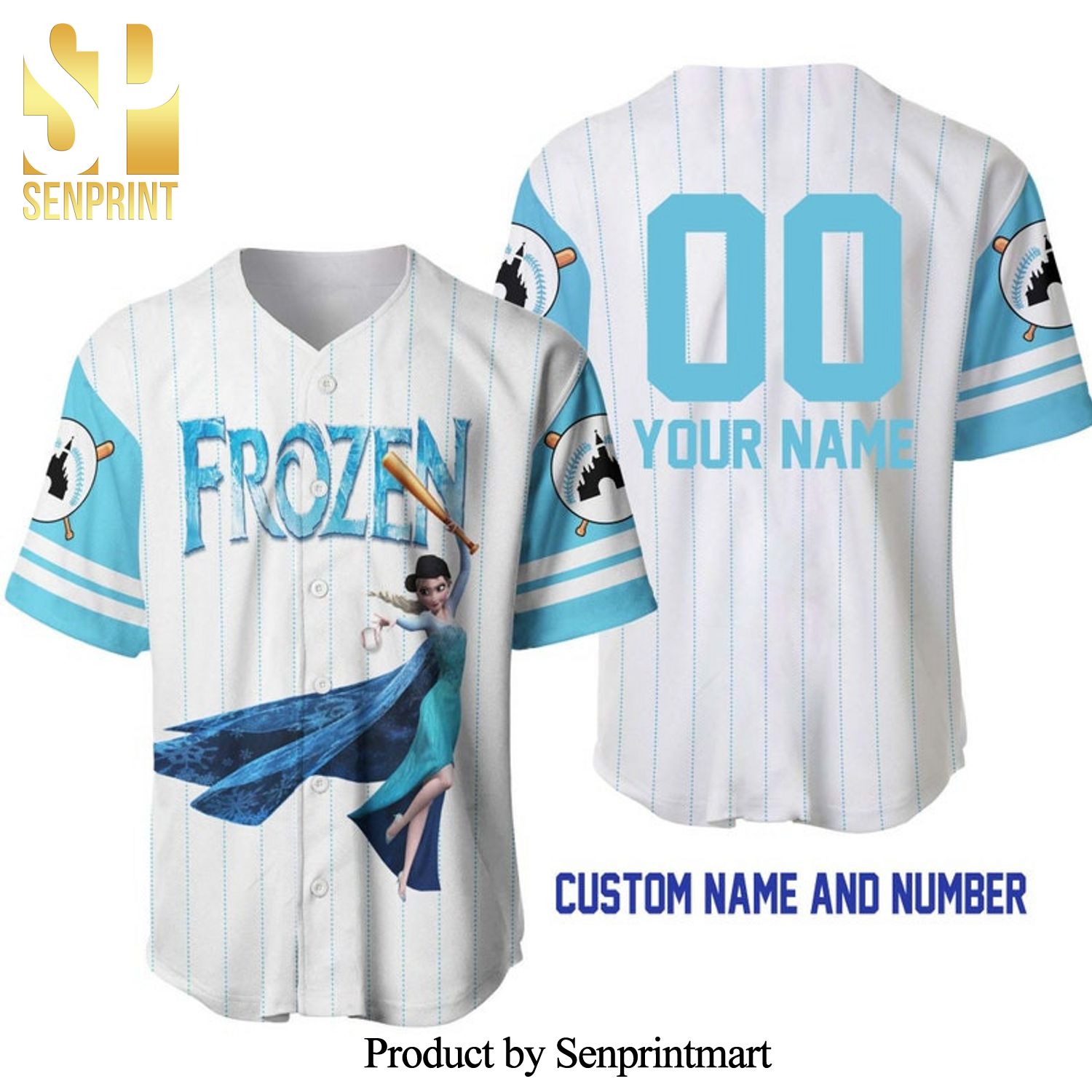 Personalized Elsa Princess Frozen All Over Print Pinstripe Baseball Jersey – White